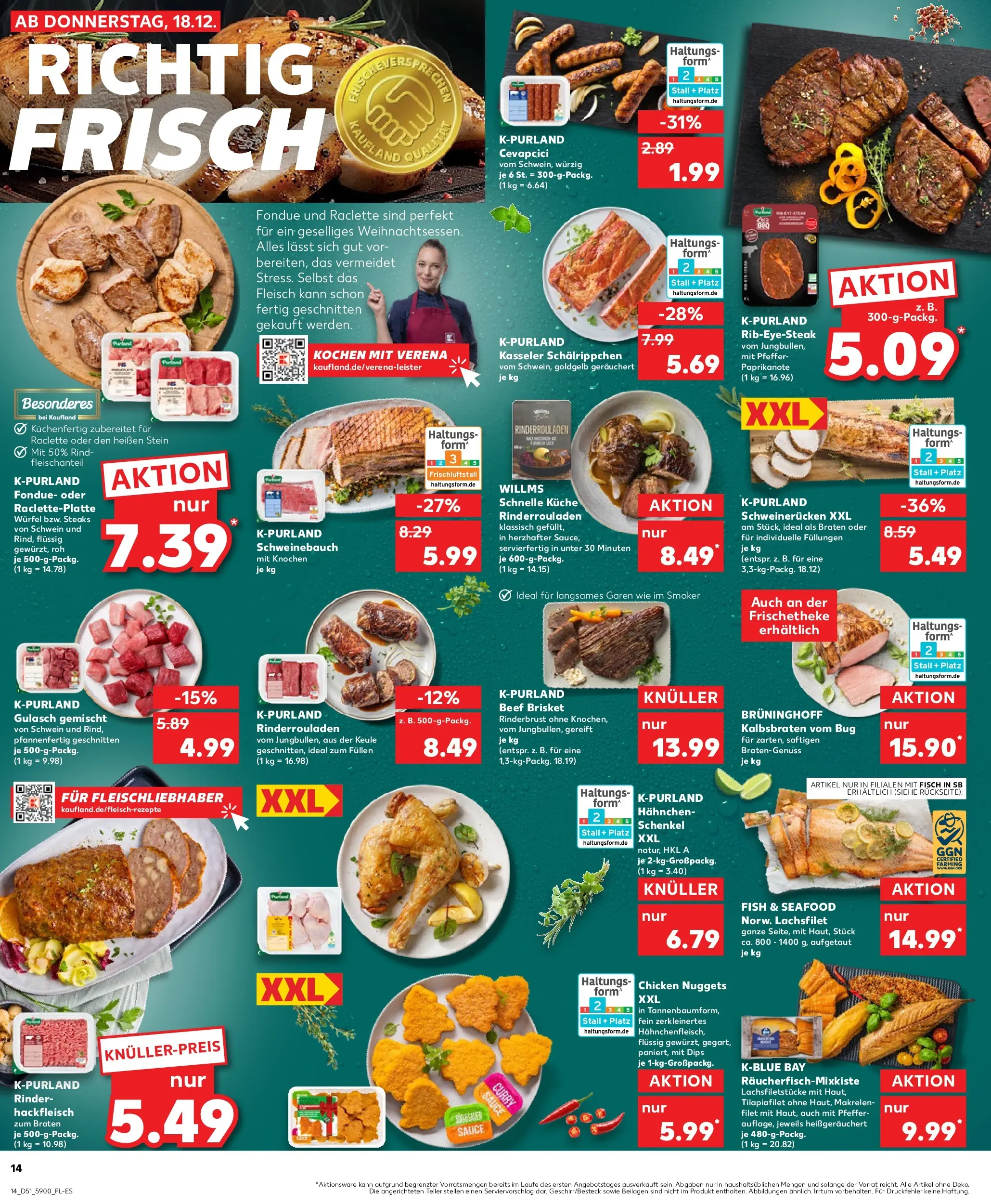Prospekt Kaufland ab 18.12.2025 » Angebote Online zum Blättern | Seite: 14 | Produkte: Rinderrouladen, Hahnchen, Schweinebauch, Küche