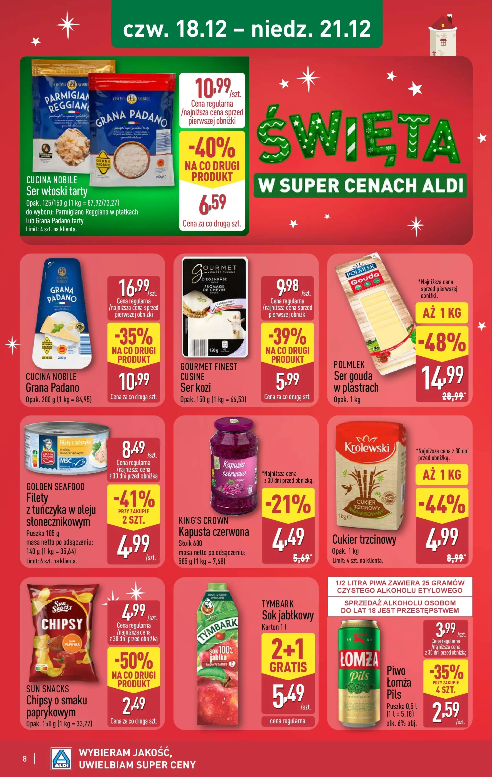 Aldi gazetka od 18.12.2025 | Boże Narodzenie 🎄🎁 | Strona: 8 | Produkty: Cukier trzcinowy, Sok, Ser gouda, Cukier