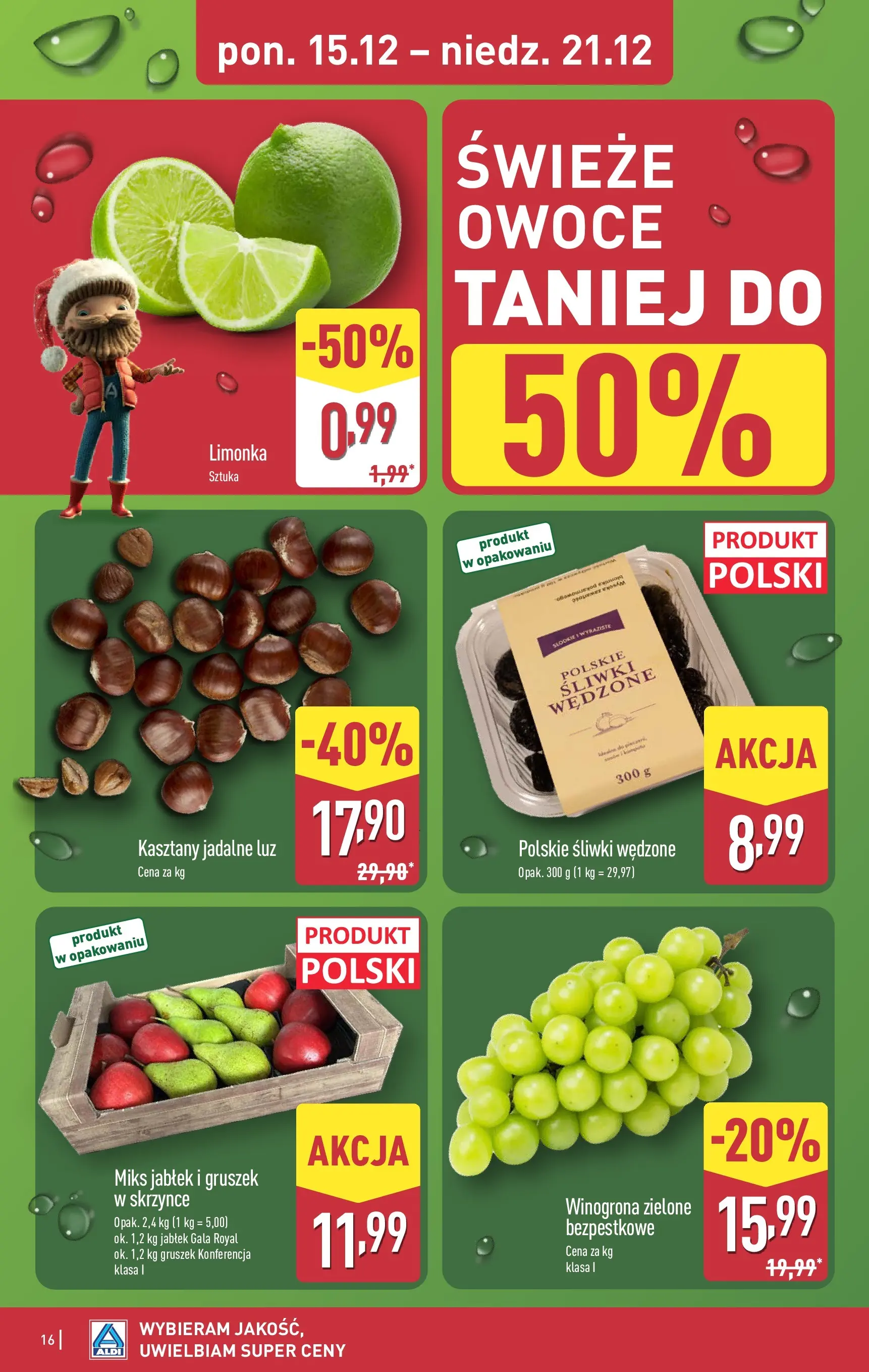 Aldi gazetka od 18.12.2025 | Boże Narodzenie 🎄🎁 | Strona: 16 | Produkty: Limonka, Winogrona, Kasztany jadalne, Owoce