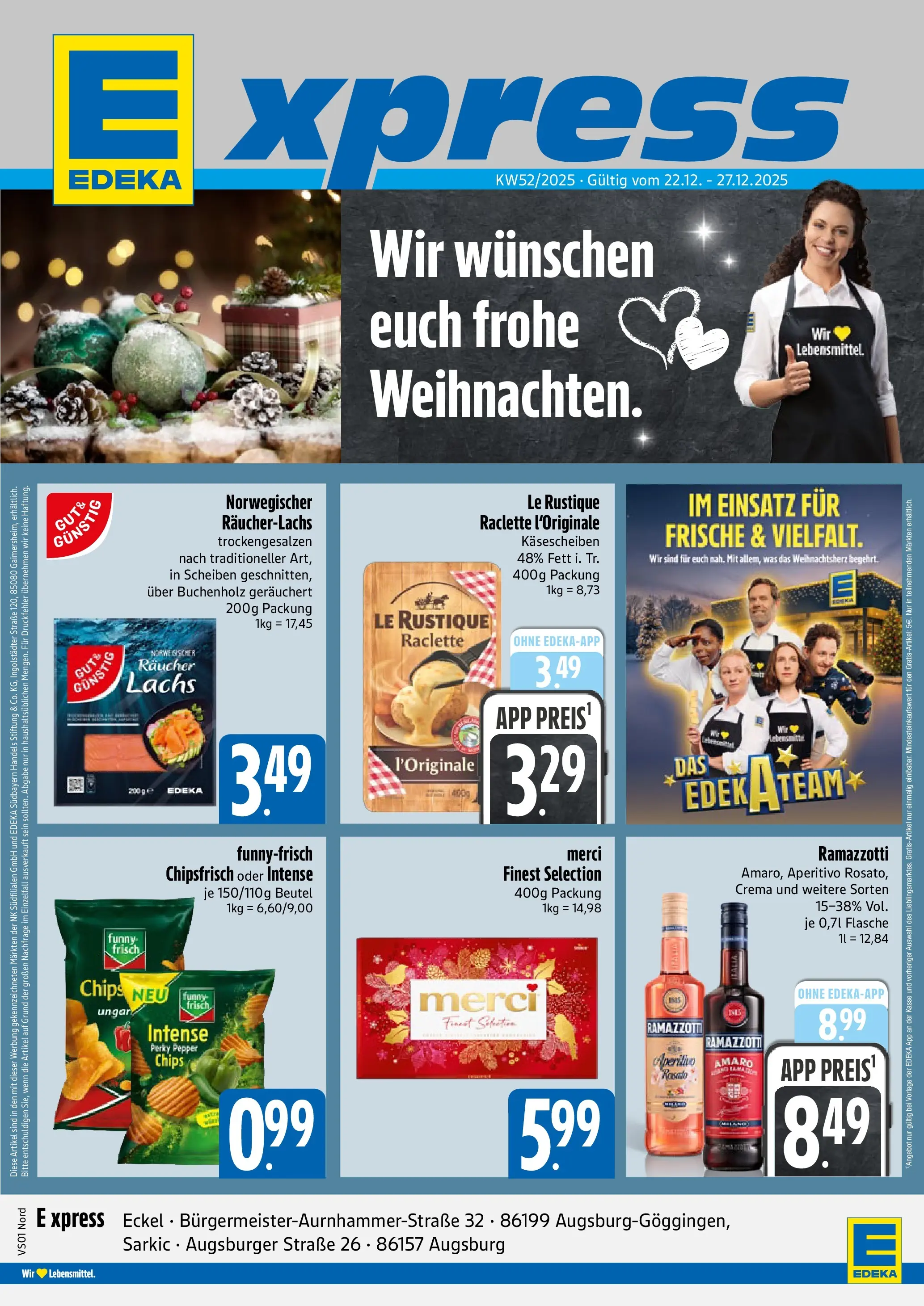 Entdecke - E xpress: Wochenangebote (ab 21.12.2025) zum Blättern | Seite: 1 | Produkte: Merci, Lachs, Raclette, Chips