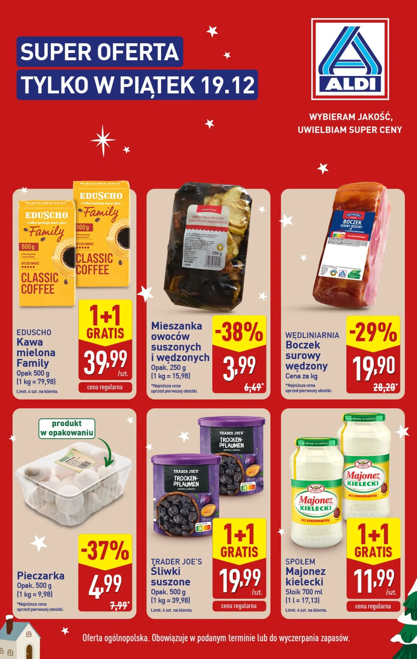 Aldi Gazetka - Tylko w piatek od 19.12.2025 - Ulotka PDF, promocje | Strona: 1 | Produkty: Śliwki, Boczek, Kawa, Majonez