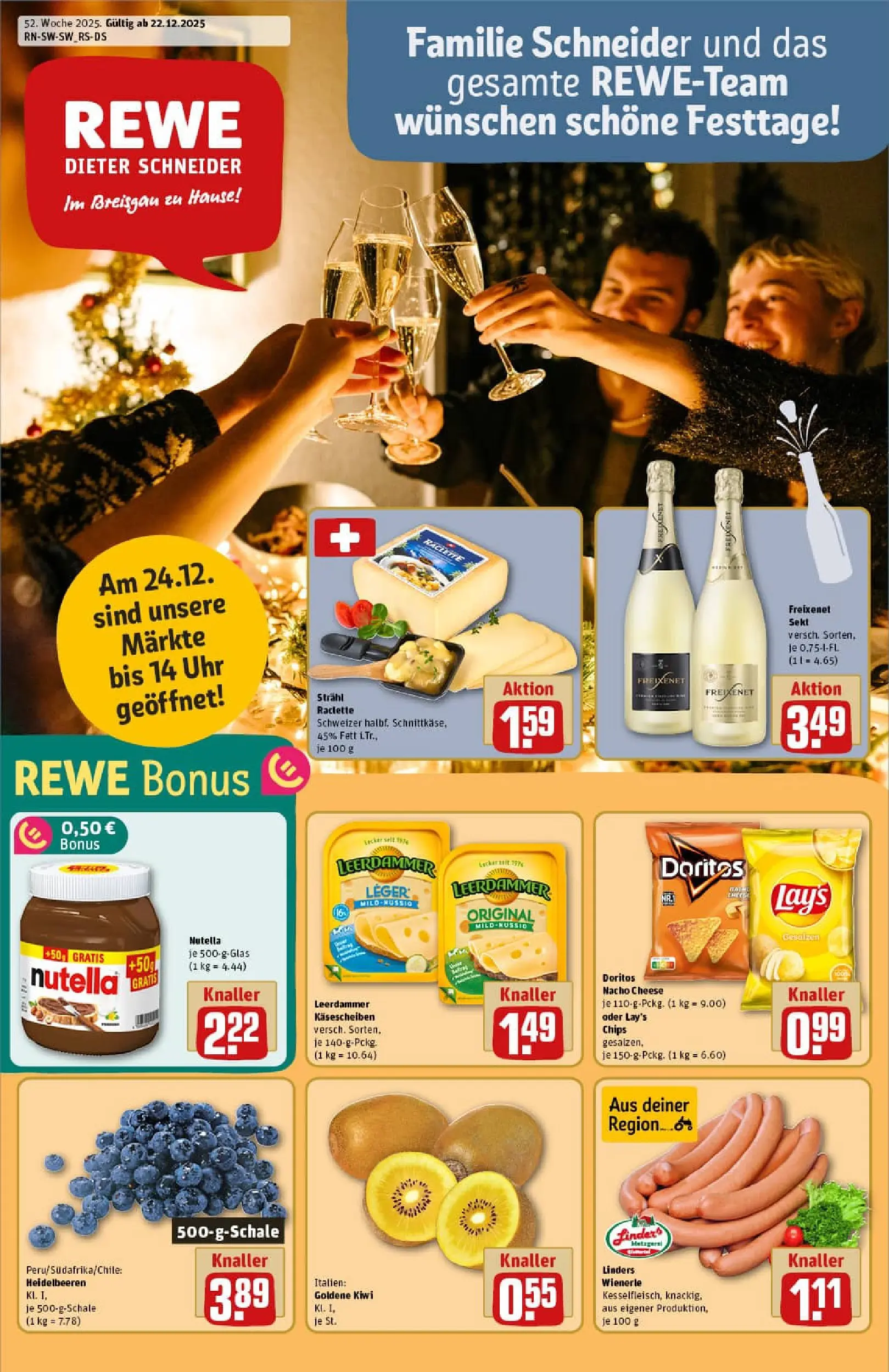 REWE Prospekt ab 22.12.2025 zum Blättern » Angebote | Seite: 1 | Produkte: Freixenet, Sekt, Leerdammer, Chips