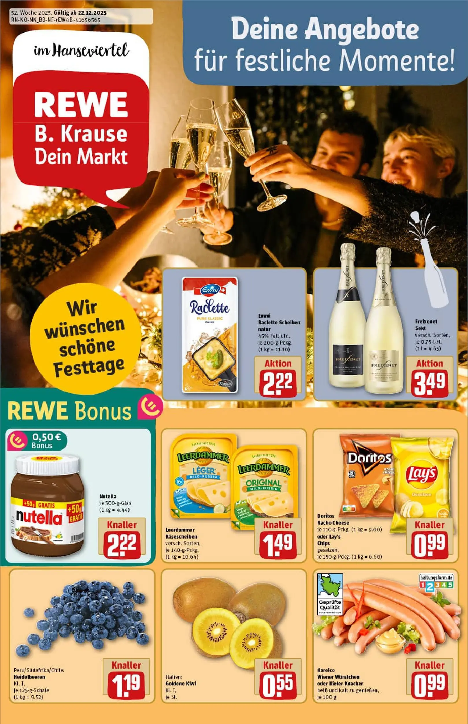 REWE Prospekt ab 22.12.2025 zum Blättern » Angebote | Seite: 1 | Produkte: Wiener wurstchen, Leerdammer, Heidelbeeren, Raclette