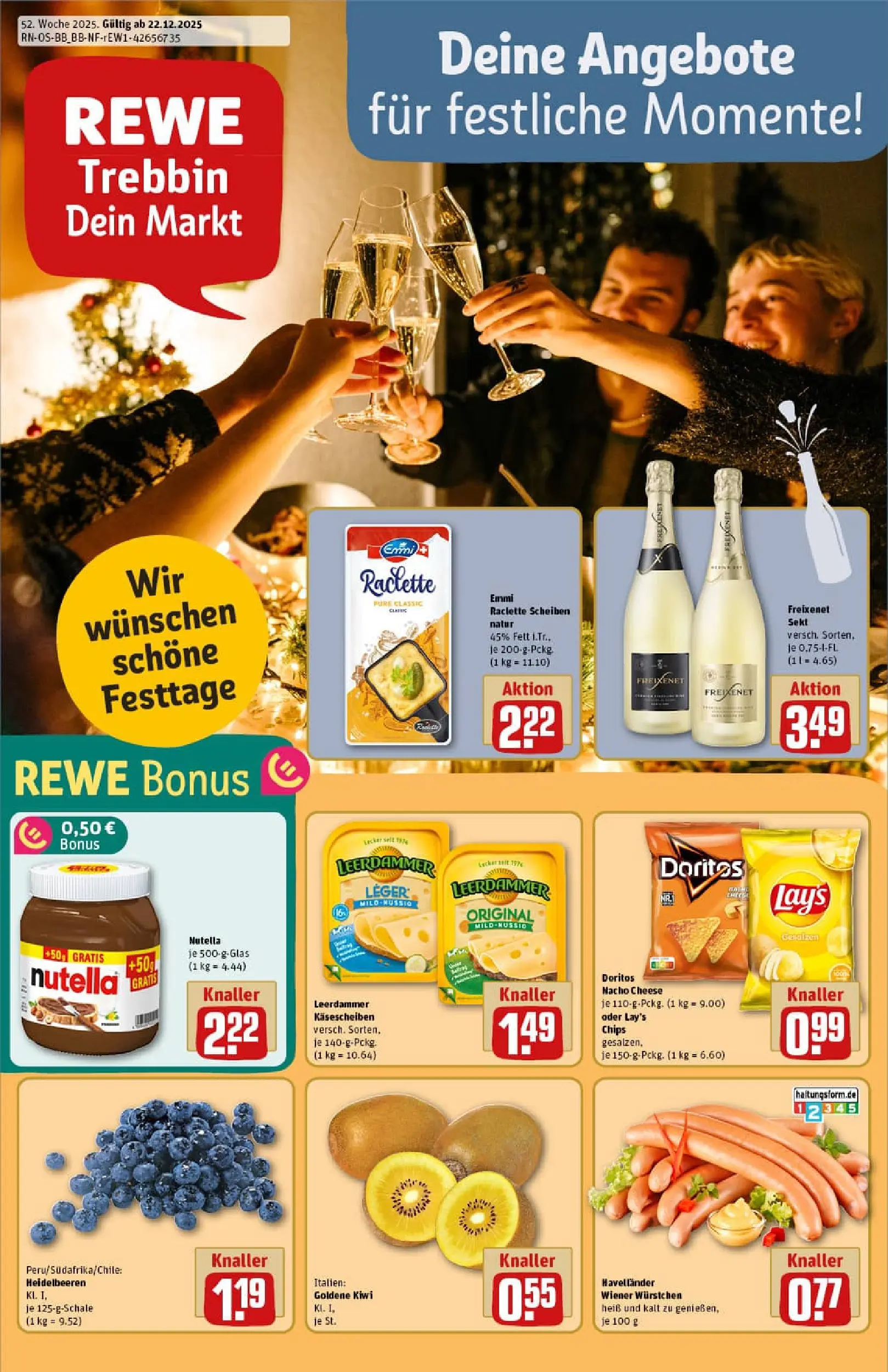 REWE Prospekt ab 22.12.2025 zum Blättern » Angebote | Seite: 1 | Produkte: Wiener wurstchen, Leerdammer, Nutella, Chips