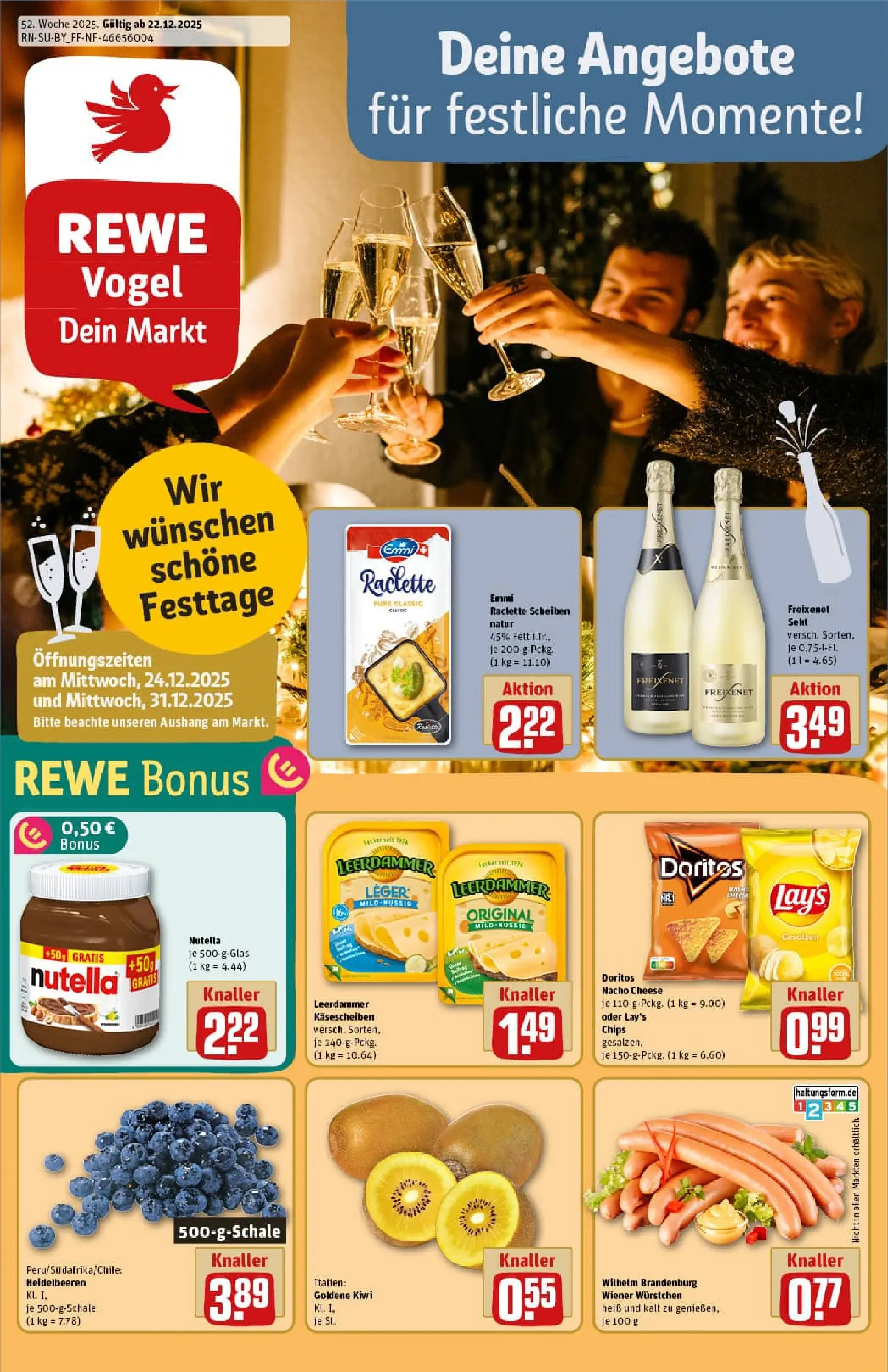 REWE Prospekt ab 22.12.2025 zum Blättern » Angebote | Seite: 1 | Produkte: Freixenet, Leerdammer, Heidelbeeren, Kiwi