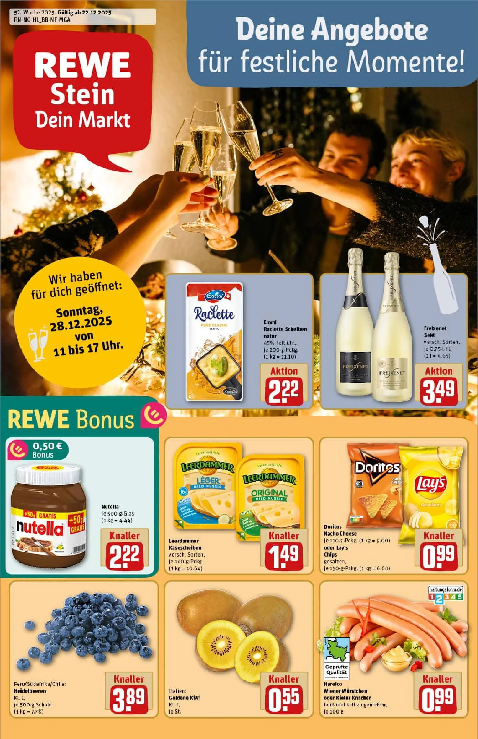 REWE Prospekt ab 22.12.2025 zum Blättern » Angebote | Seite: 1 | Produkte: Wiener wurstchen, Leerdammer, Heidelbeeren, Raclette