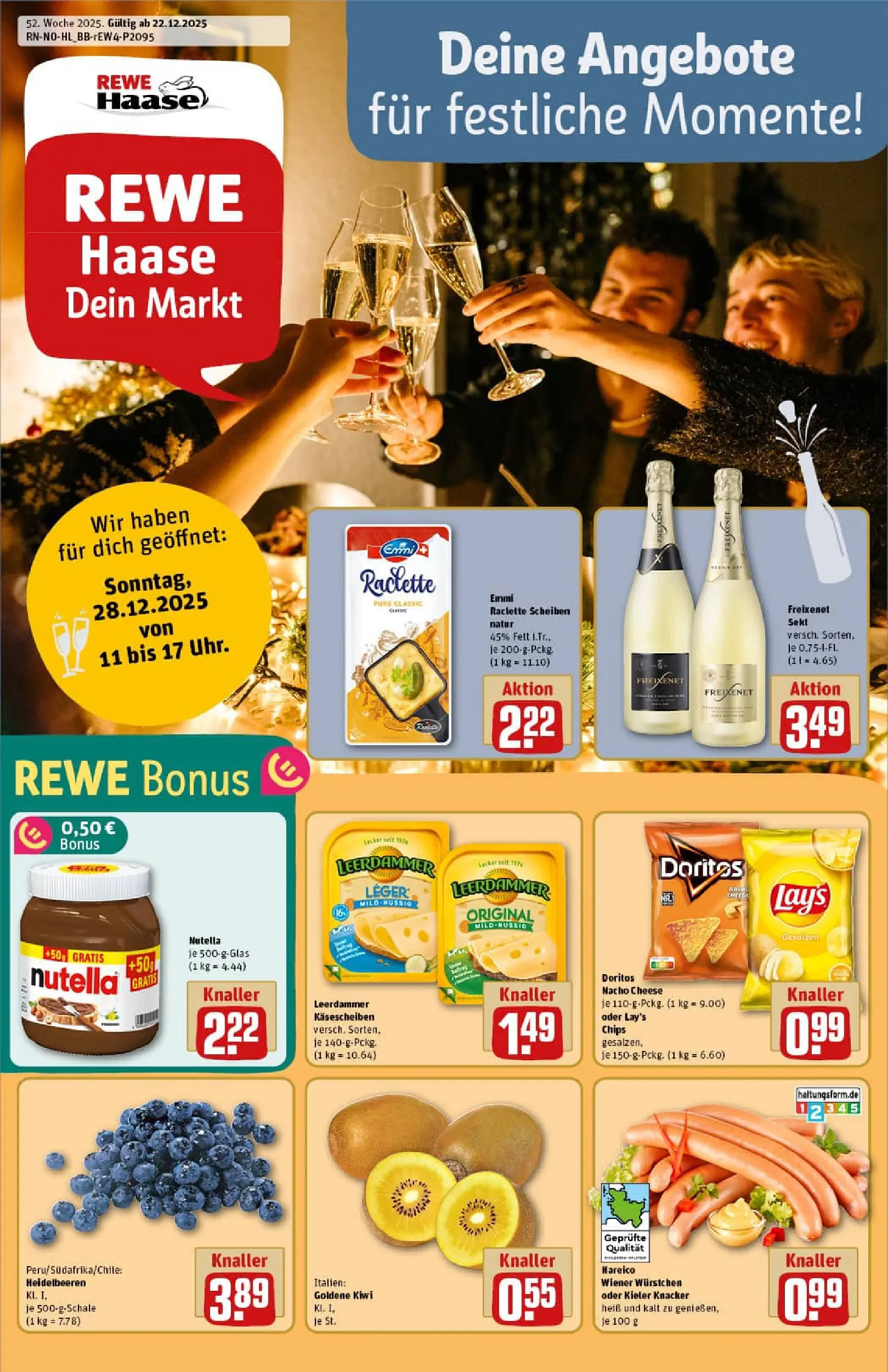REWE Prospekt ab 22.12.2025 zum Blättern » Angebote | Seite: 1 | Produkte: Wiener wurstchen, Leerdammer, Raclette, Chips