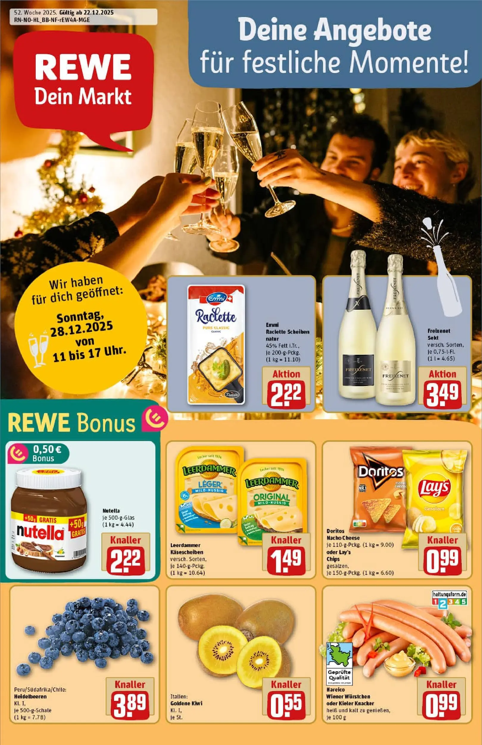 REWE Prospekt ab 22.12.2025 zum Blättern » Angebote | Seite: 1 | Produkte: Wiener wurstchen, Sekt, Nutella, Heidelbeeren