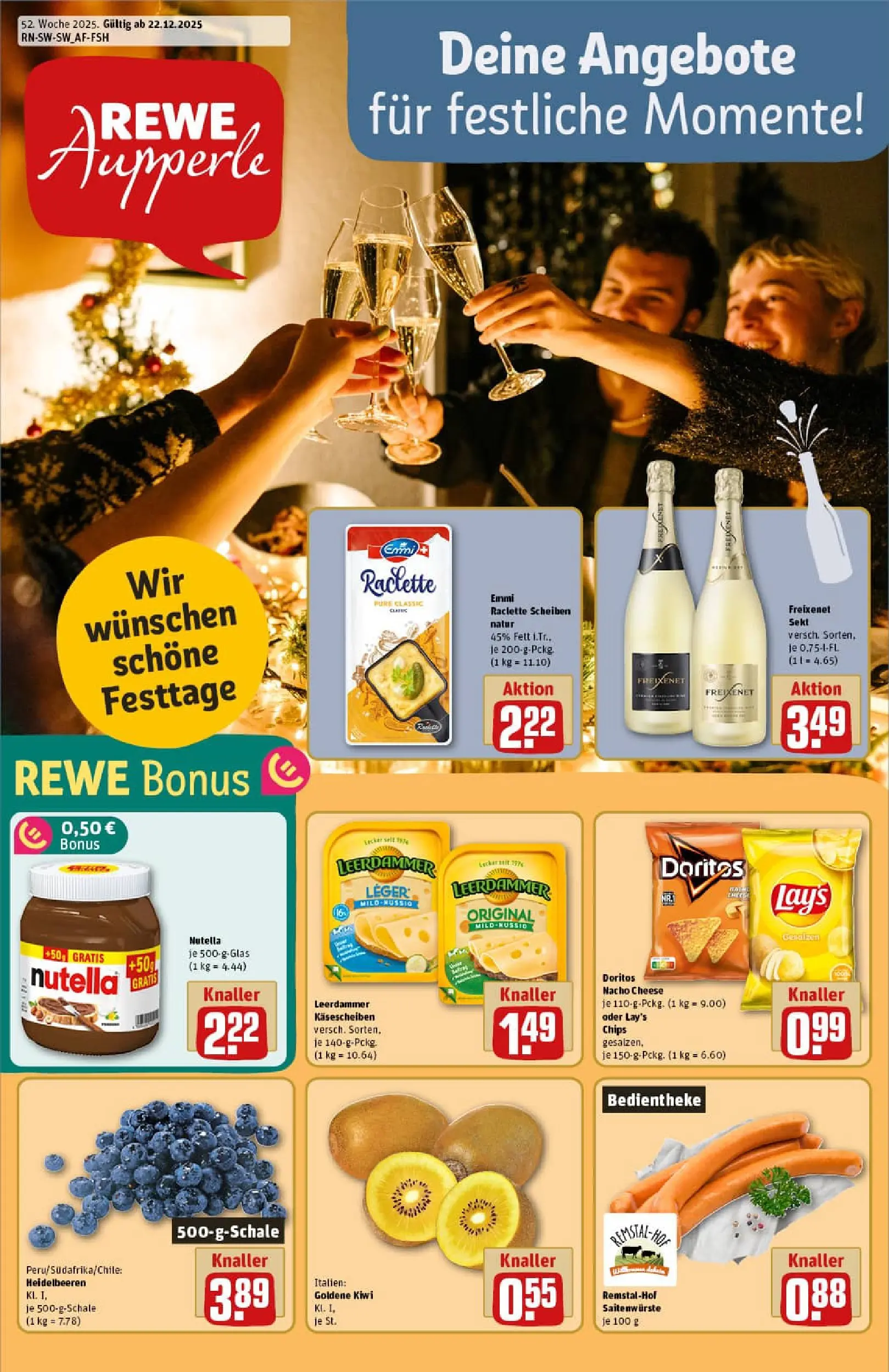 REWE Prospekt ab 22.12.2025 zum Blättern » Angebote | Seite: 1 | Produkte: Nutella, Heidelbeeren, Raclette, Kiwi
