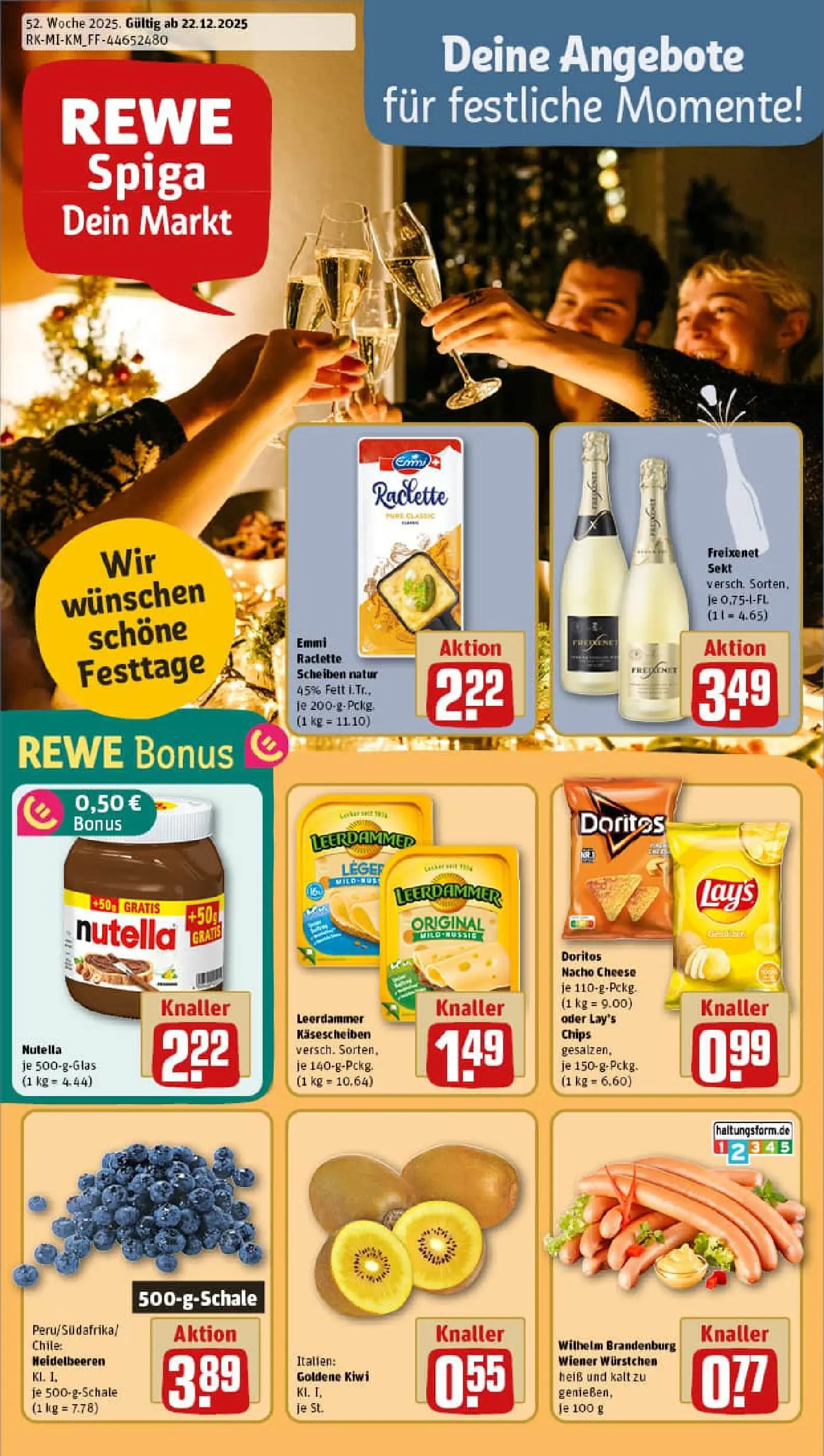 REWE Prospekt ab 22.12.2025 zum Blättern » Angebote | Seite: 1 | Produkte: Wiener wurstchen, Freixenet, Leerdammer, Kiwi