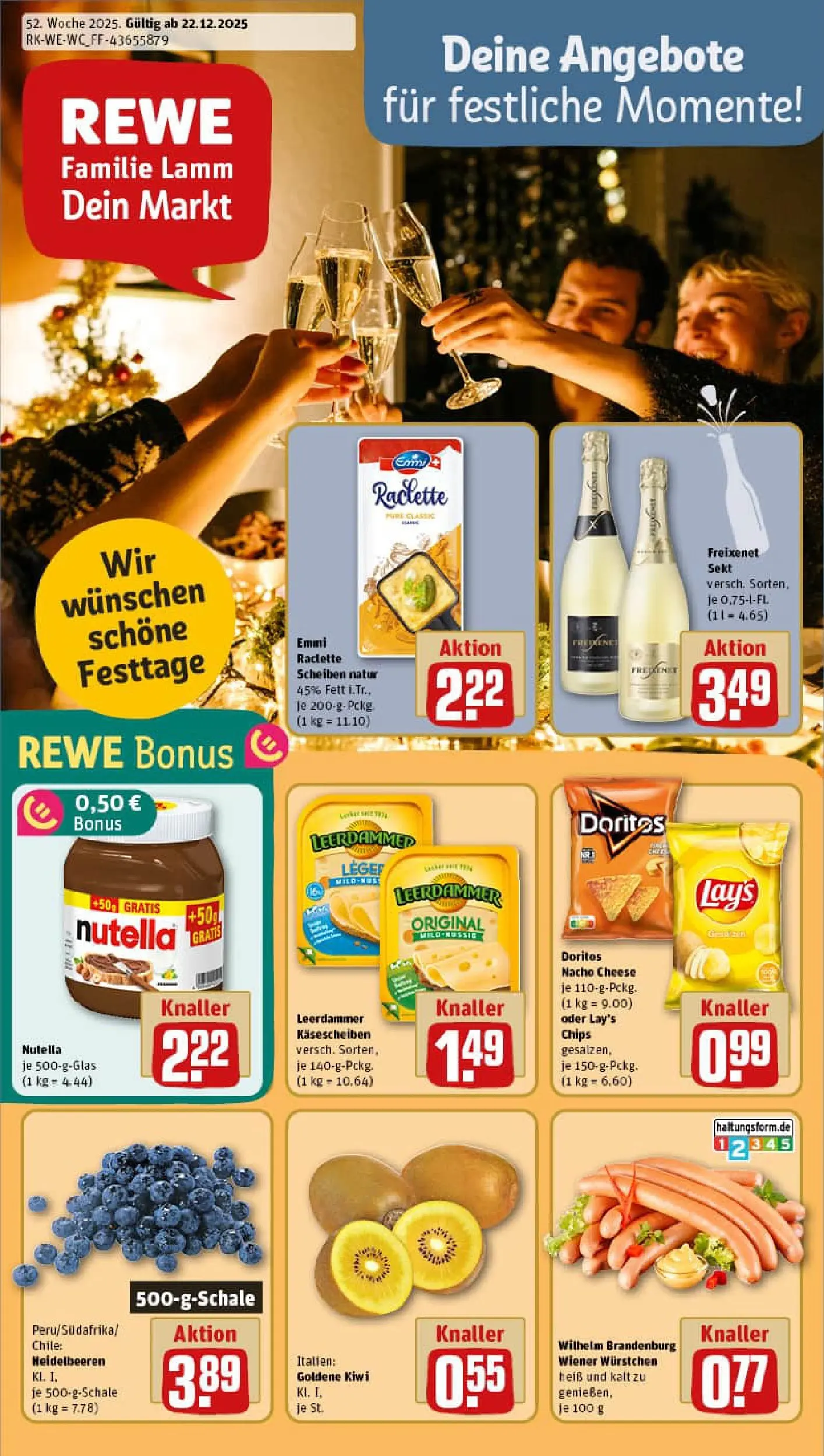 REWE Prospekt ab 22.12.2025 zum Blättern » Angebote | Seite: 1 | Produkte: Wiener wurstchen, Freixenet, Heidelbeeren, Chips