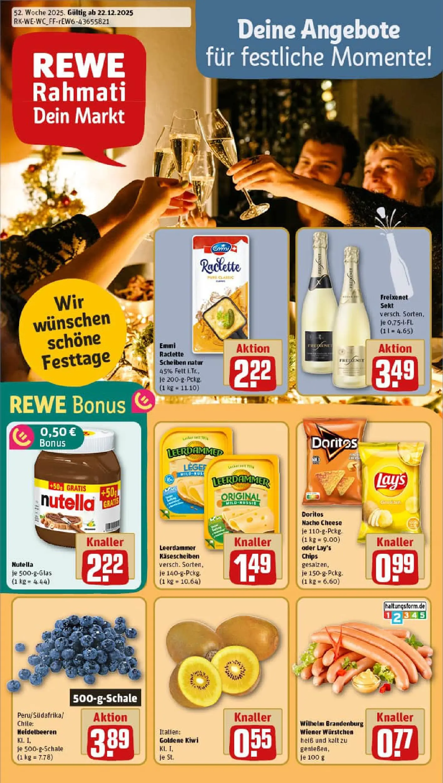 REWE Prospekt ab 22.12.2025 zum Blättern » Angebote | Seite: 1 | Produkte: Wiener wurstchen, Freixenet, Chips, Kiwi