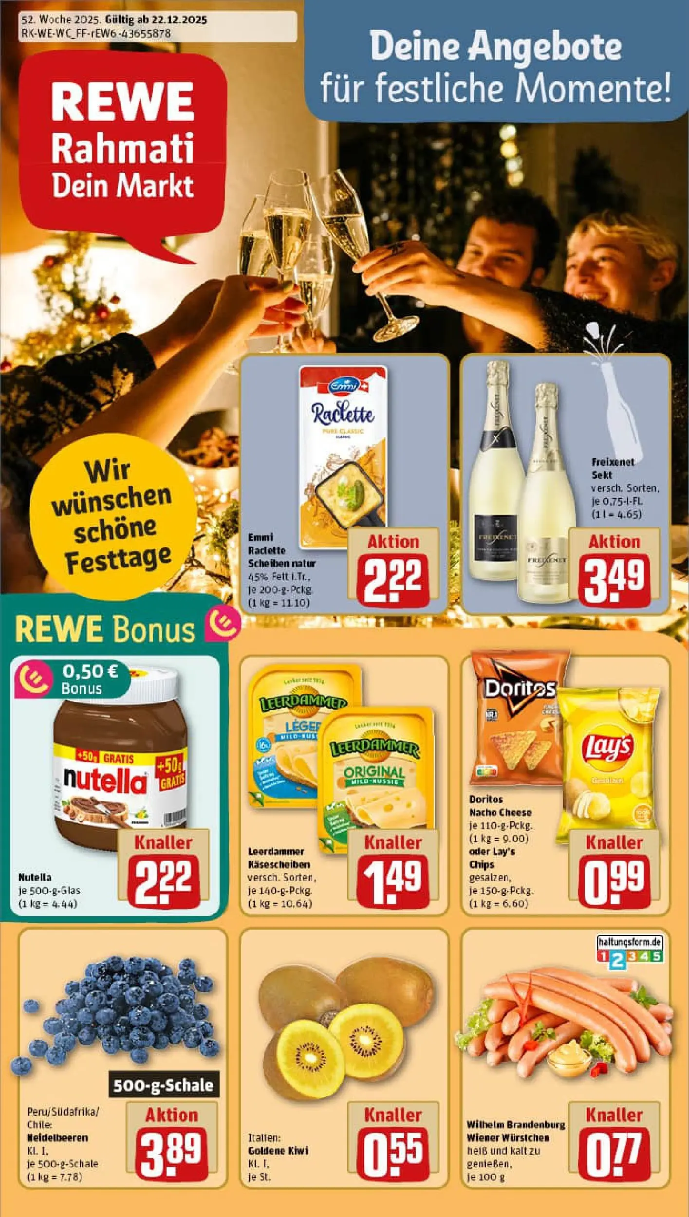 REWE Prospekt ab 22.12.2025 zum Blättern » Angebote | Seite: 1 | Produkte: Freixenet, Sekt, Nutella, Heidelbeeren