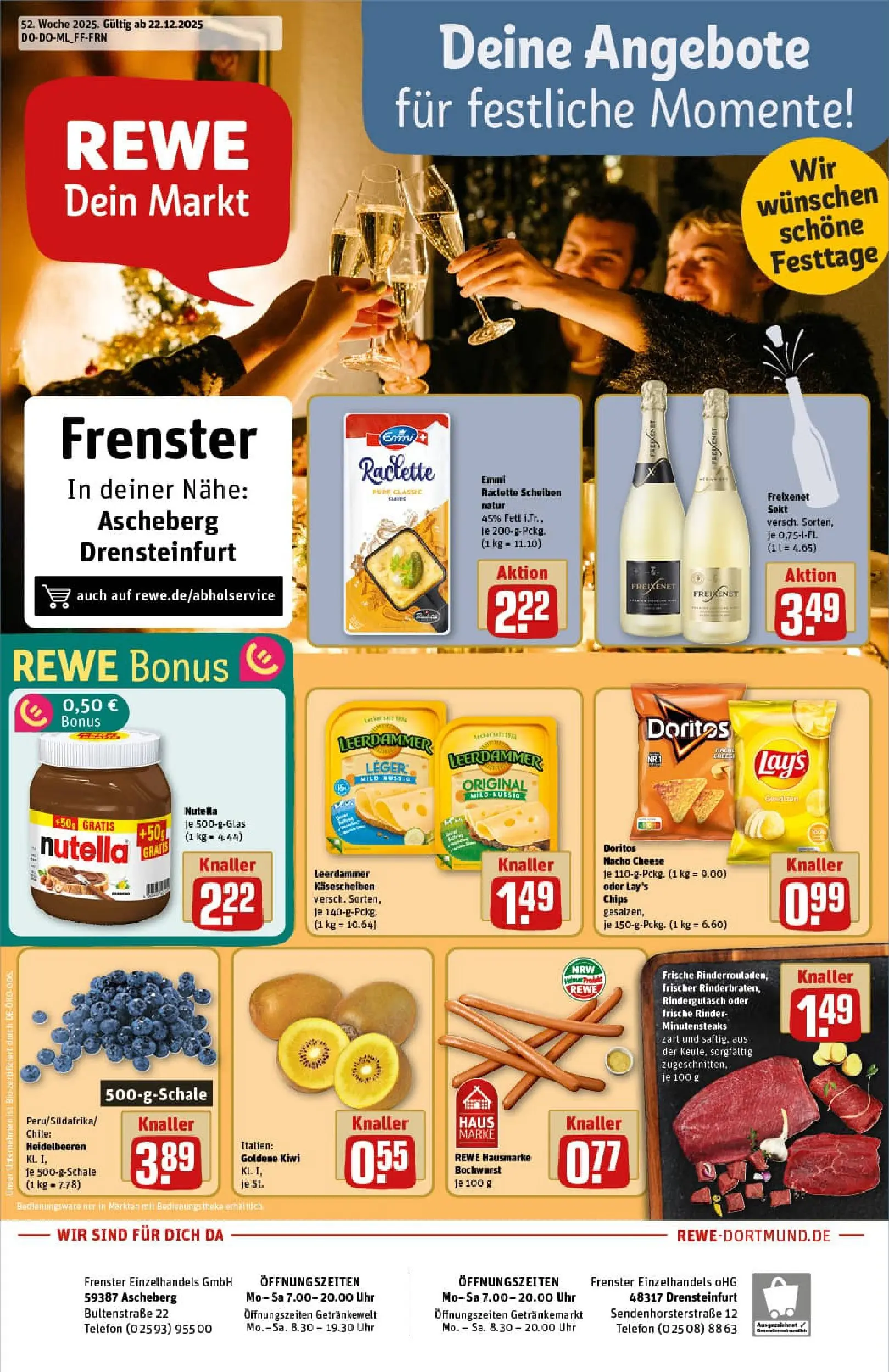 REWE Prospekt ab 22.12.2025 zum Blättern » Angebote | Seite: 1 | Produkte: Bockwurst, Nutella, Kiwi, Telefon