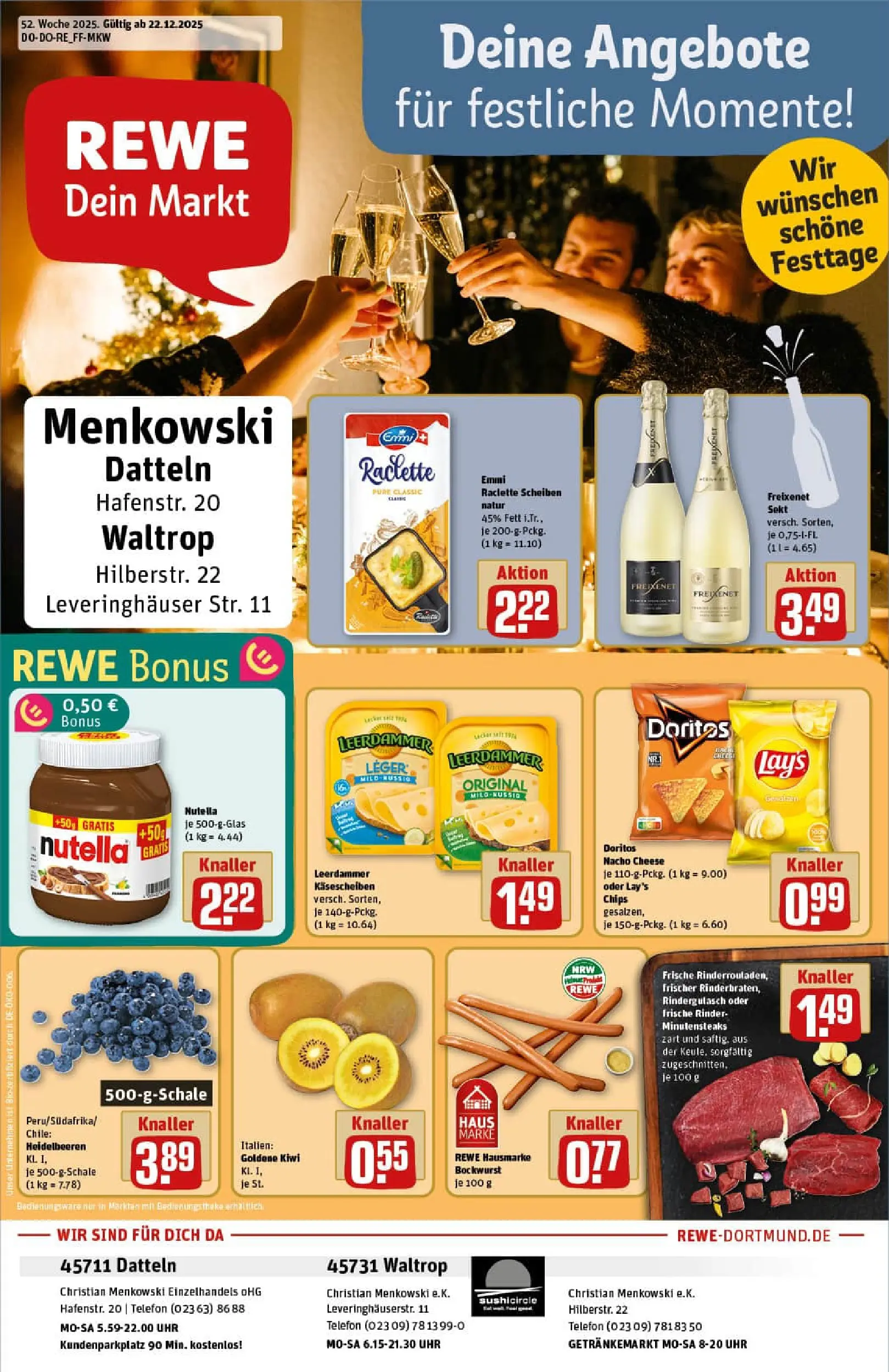 REWE Prospekt ab 22.12.2025 zum Blättern » Angebote | Seite: 1 | Produkte: Rindergulasch, Leerdammer, Nutella, Telefon