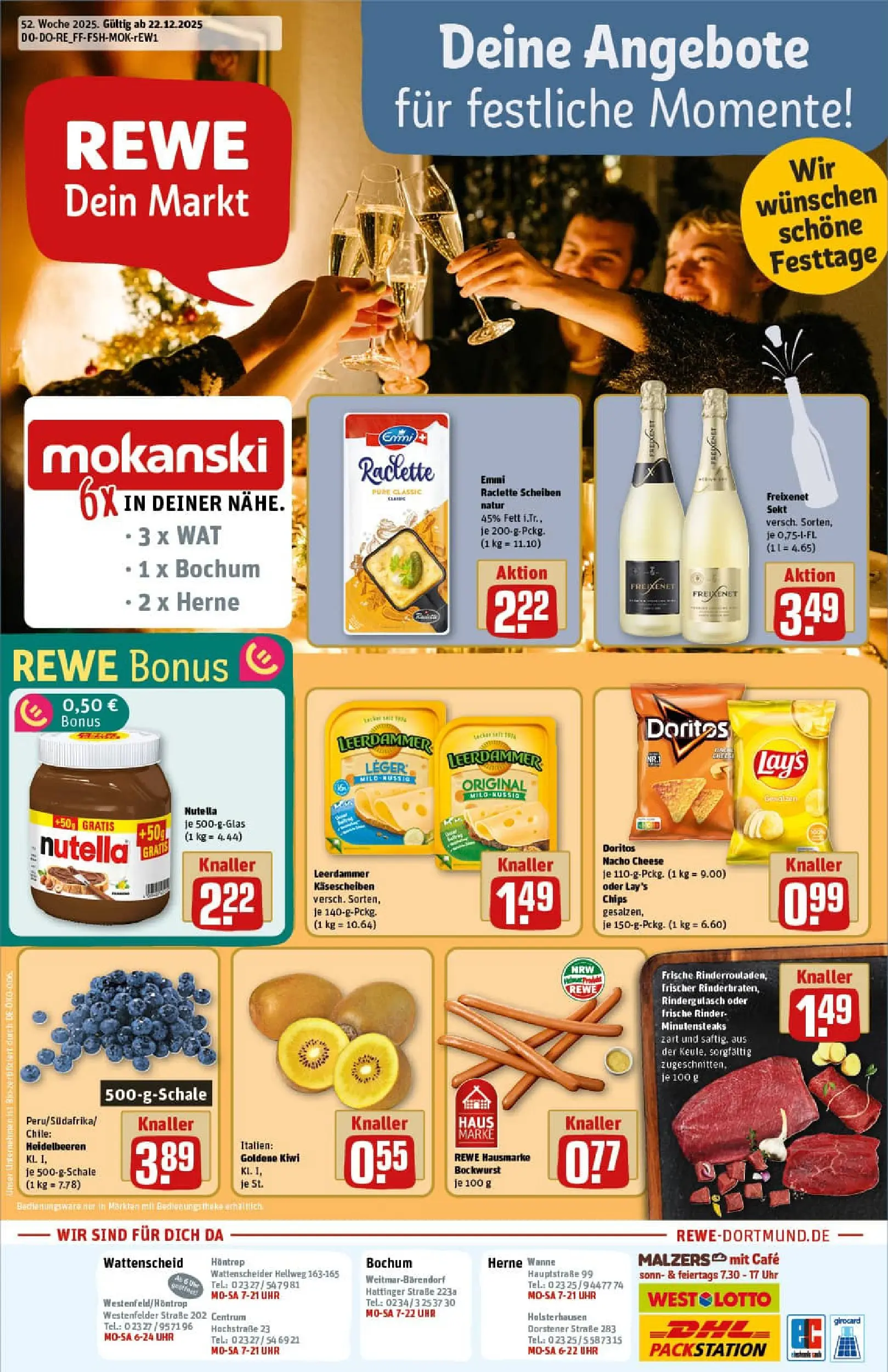 REWE Prospekt ab 22.12.2025 zum Blättern » Angebote | Seite: 1 | Produkte: Freixenet, Leerdammer, Heidelbeeren, Raclette