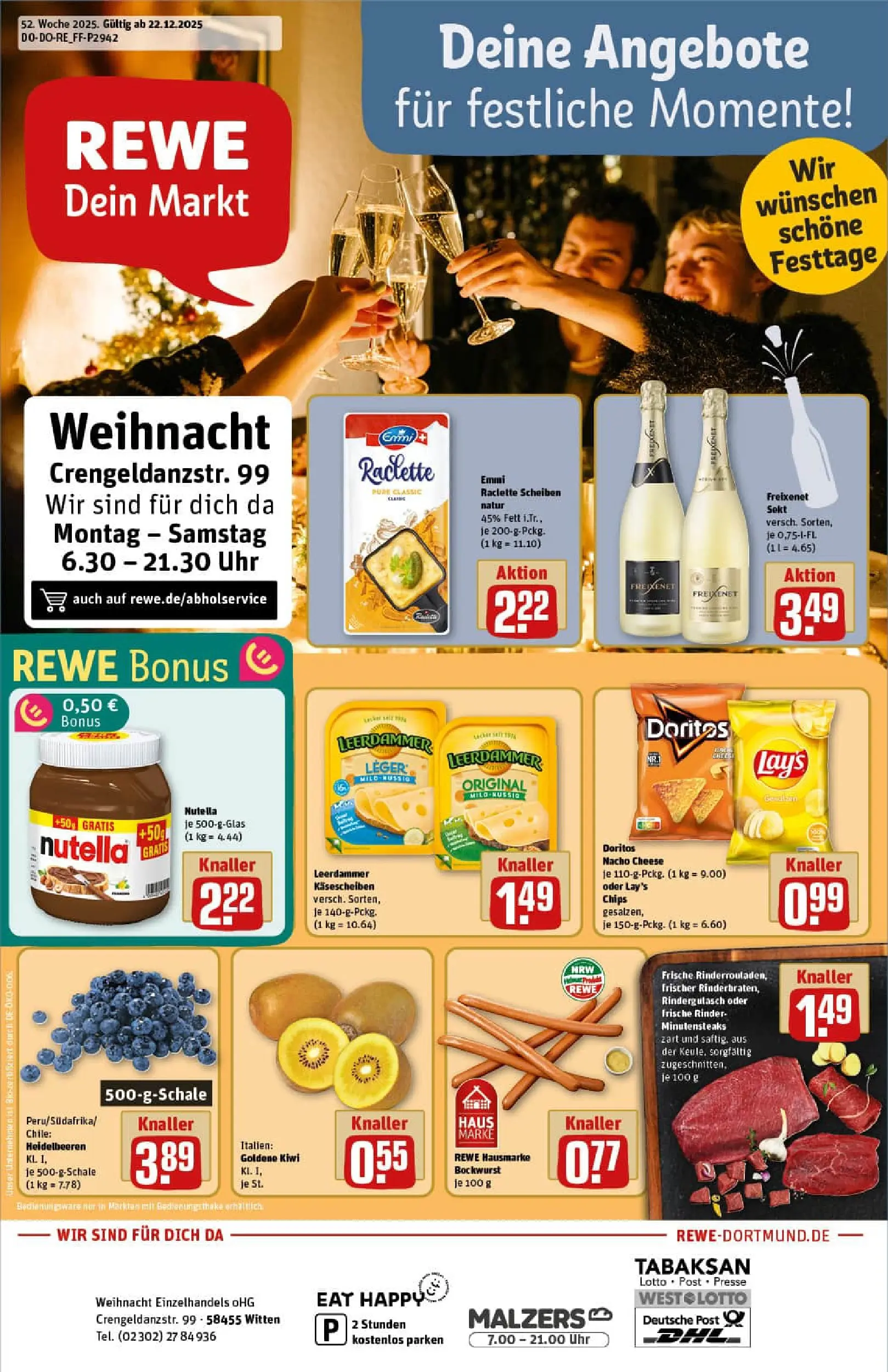 REWE Prospekt ab 22.12.2025 zum Blättern » Angebote | Seite: 1 | Produkte: Bockwurst, Freixenet, Nutella, Uhr