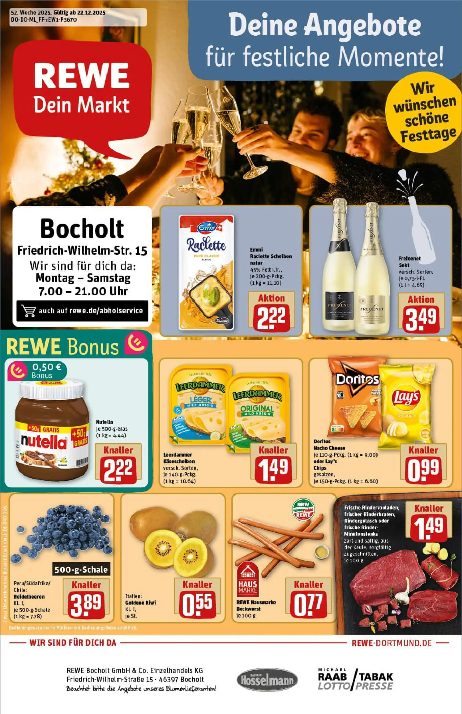 REWE Prospekt ab 22.12.2025 zum Blättern » Angebote | Seite: 1 | Produkte: Sekt, Leerdammer, Heidelbeeren, Uhr