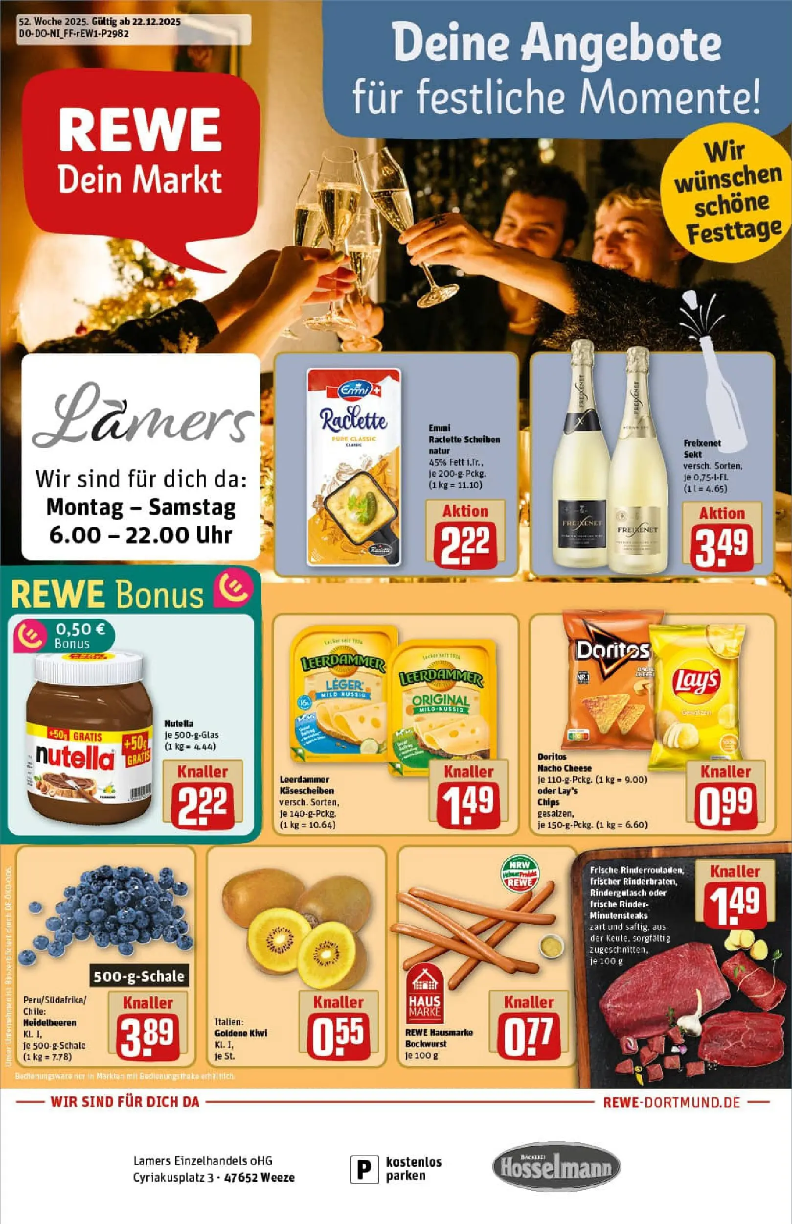 REWE Prospekt ab 22.12.2025 zum Blättern » Angebote | Seite: 1 | Produkte: Bockwurst, Rindergulasch, Nutella, Uhr