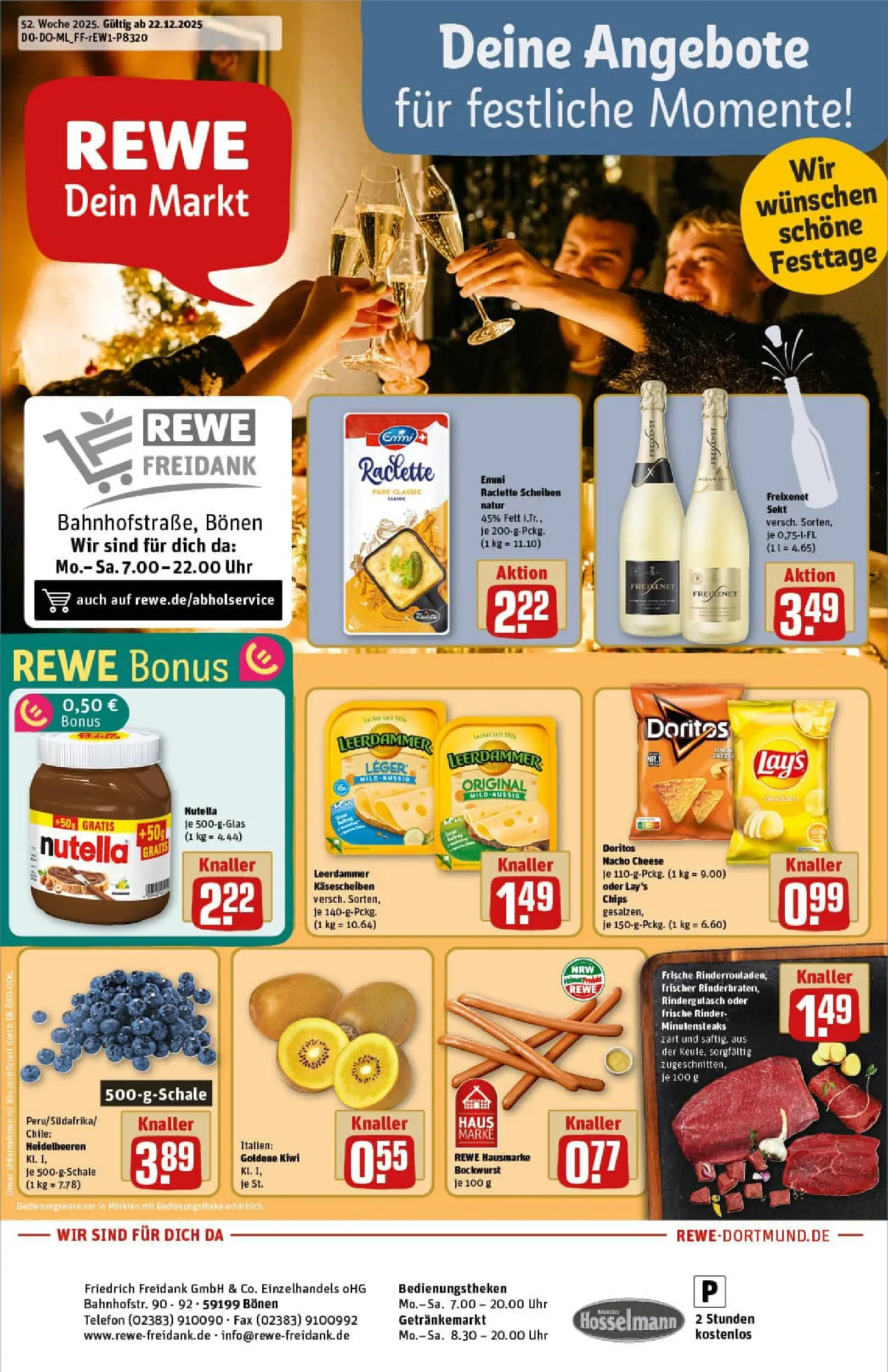 REWE Prospekt ab 22.12.2025 zum Blättern » Angebote | Seite: 1 | Produkte: Rindergulasch, Nutella, Heidelbeeren, Raclette
