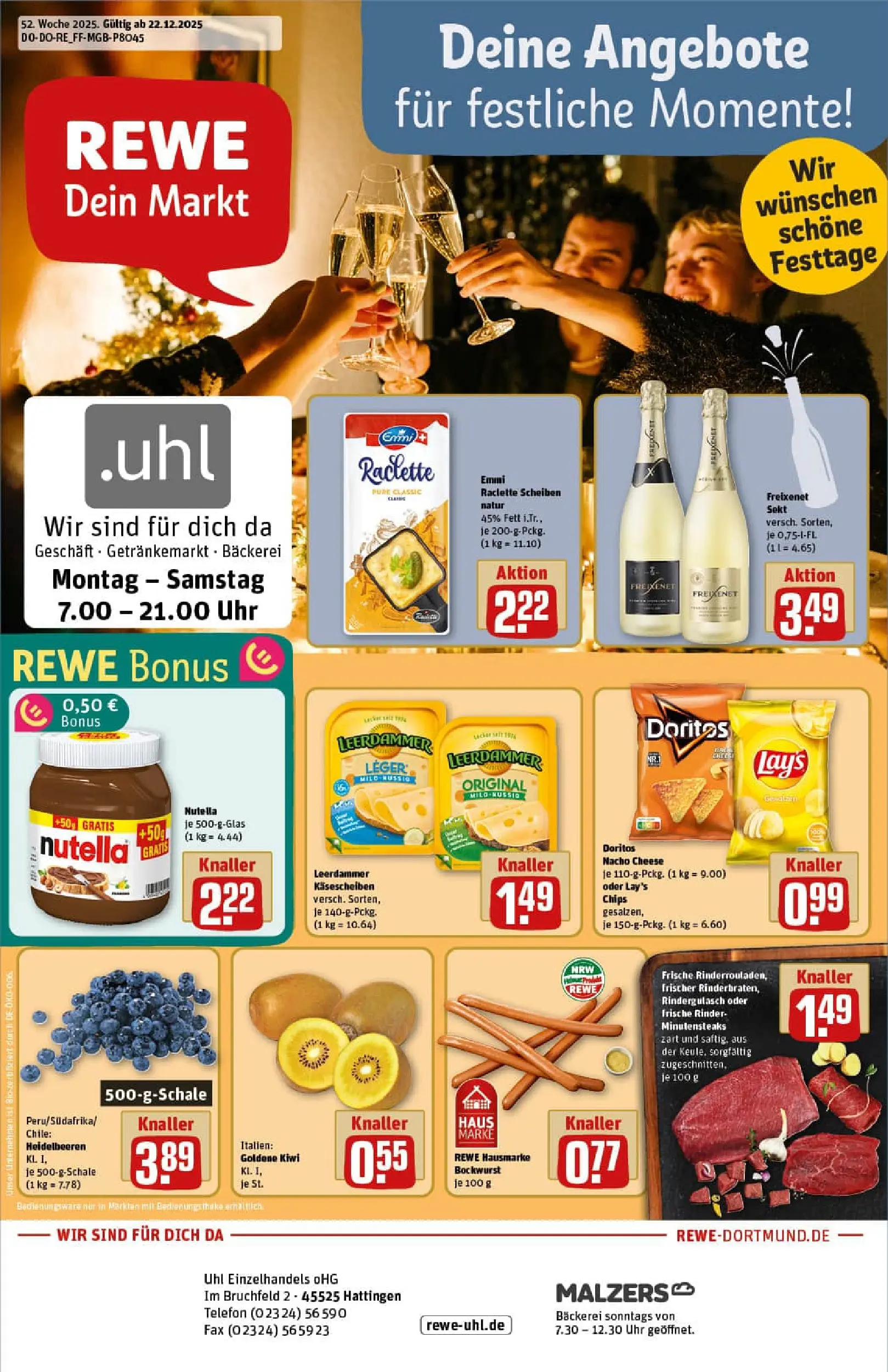 REWE Prospekt ab 22.12.2025 zum Blättern » Angebote | Seite: 1 | Produkte: Freixenet, Nutella, Heidelbeeren, Chips
