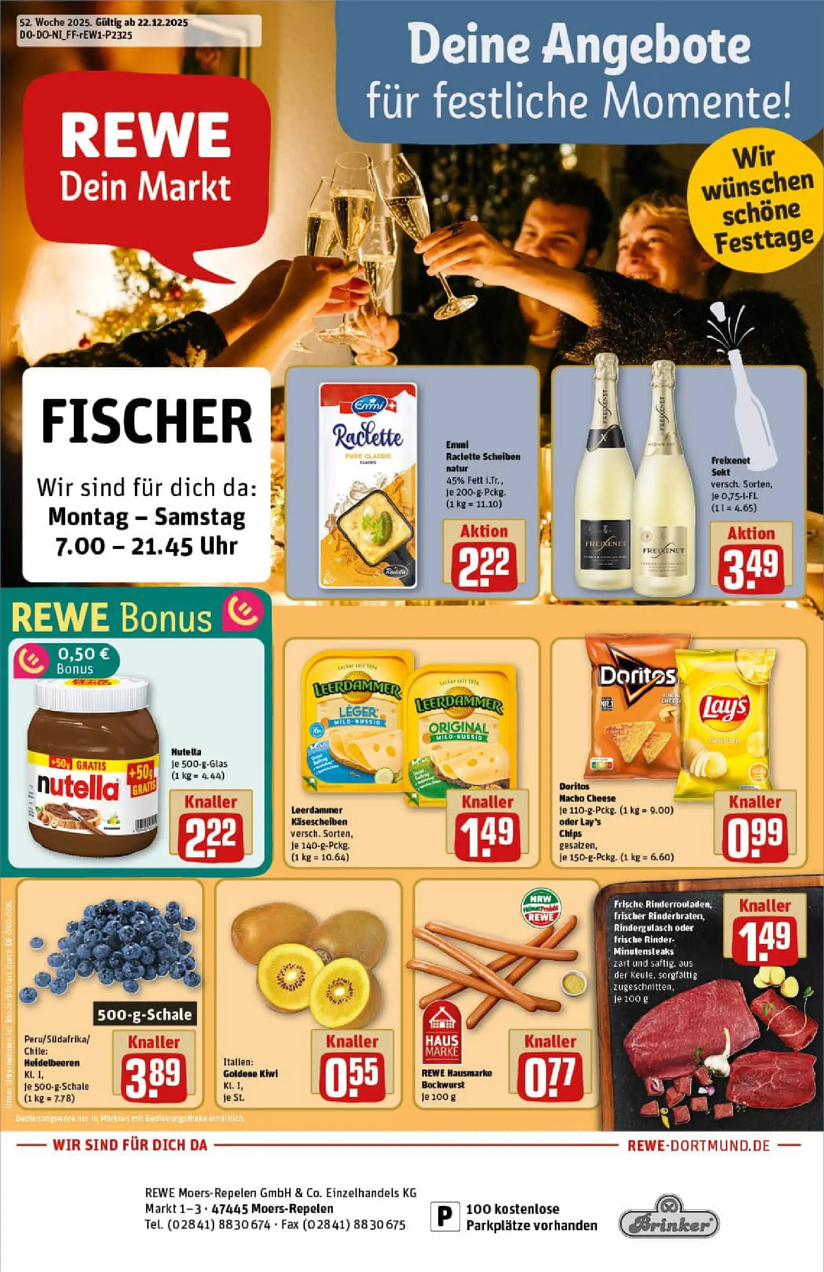 REWE Prospekt ab 22.12.2025 zum Blättern » Angebote | Seite: 1 | Produkte: Bockwurst, Heidelbeeren, Chips, Kiwi