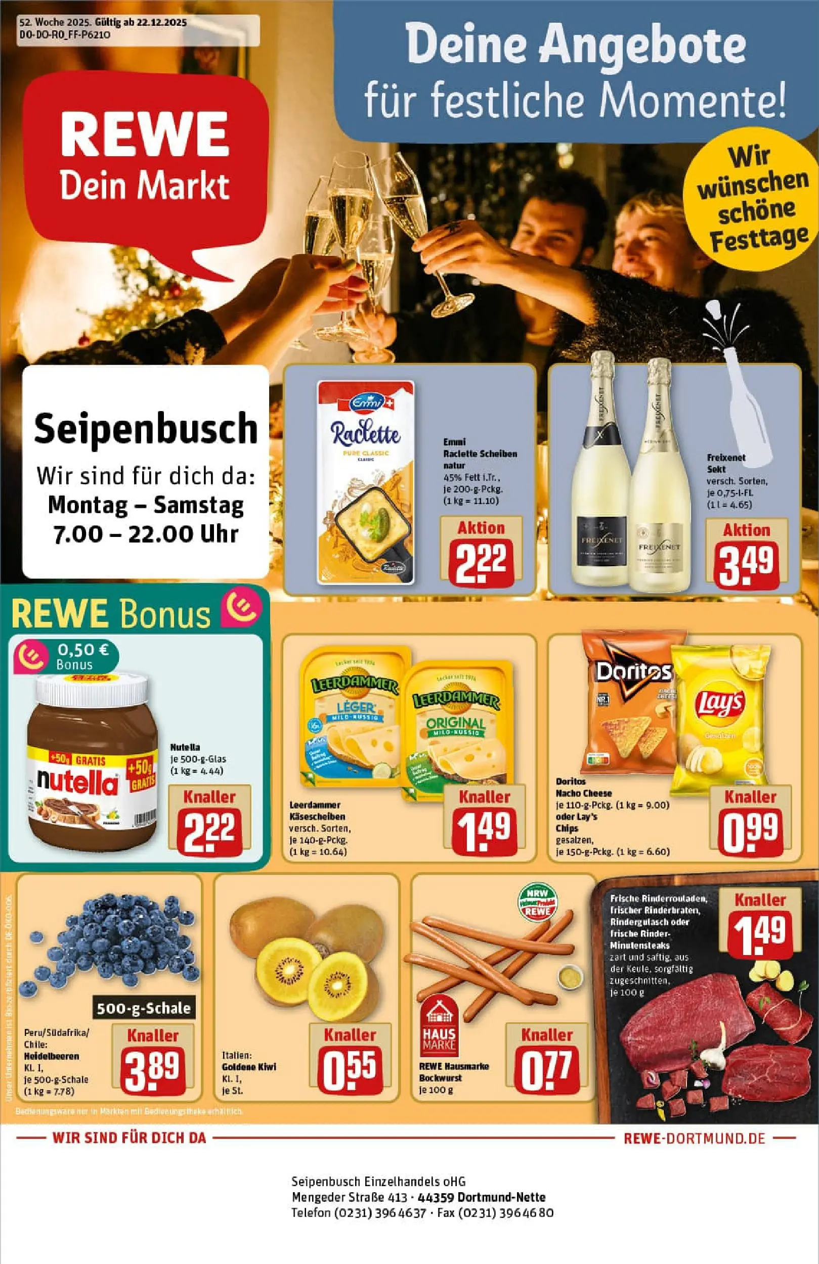 REWE Prospekt ab 22.12.2025 zum Blättern » Angebote | Seite: 1 | Produkte: Bockwurst, Freixenet, Sekt, Telefon