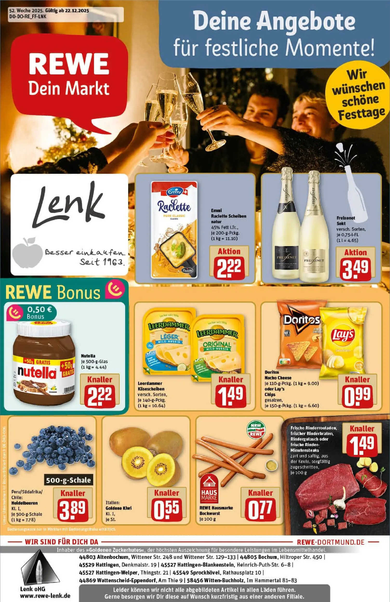 REWE Prospekt ab 22.12.2025 zum Blättern » Angebote | Seite: 1 | Produkte: Rindergulasch, Freixenet, Leerdammer, Heidelbeeren