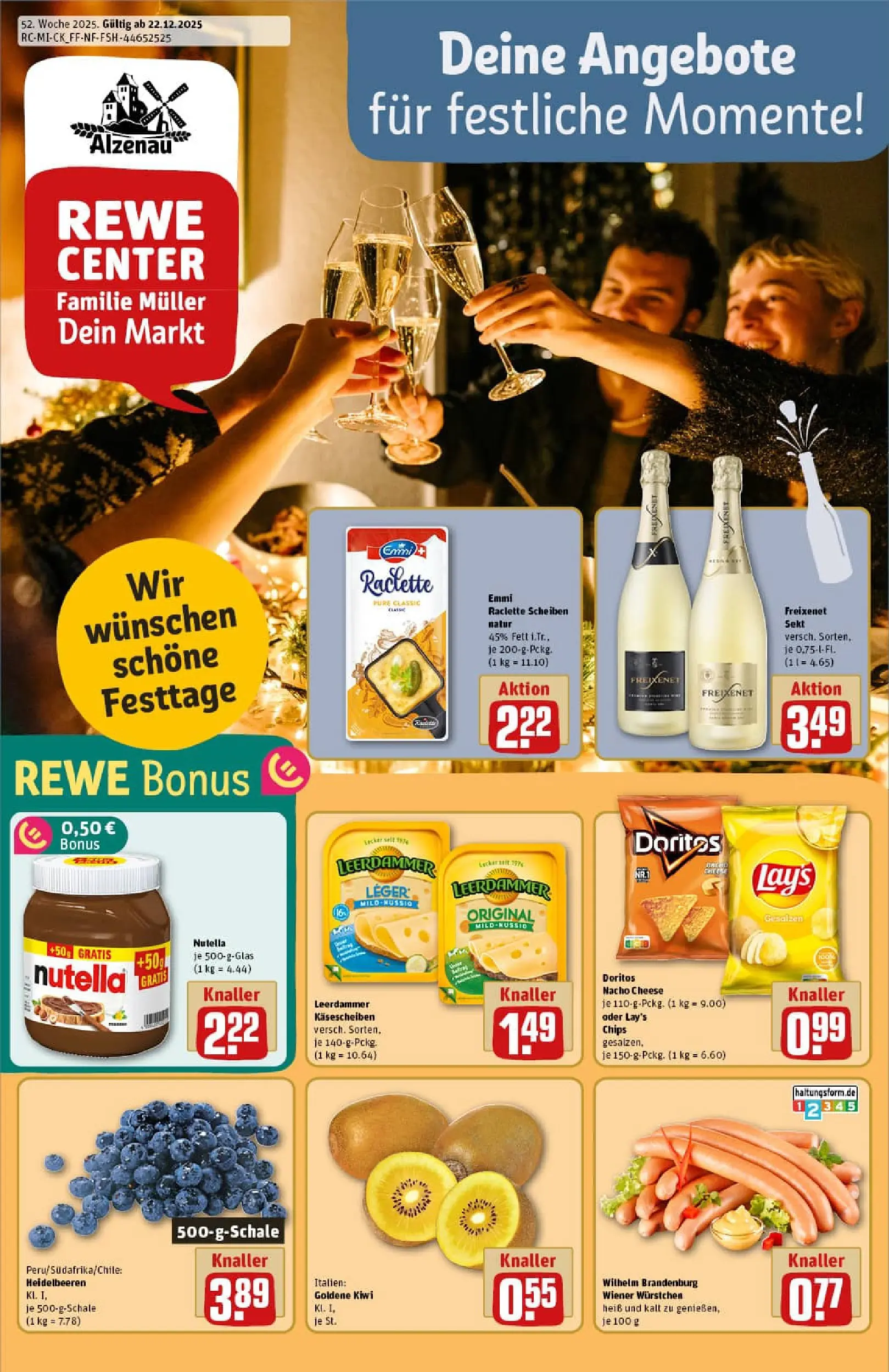 REWE Prospekt ab 22.12.2025 zum Blättern » Angebote | Seite: 1 | Produkte: Wiener wurstchen, Sekt, Heidelbeeren, Raclette