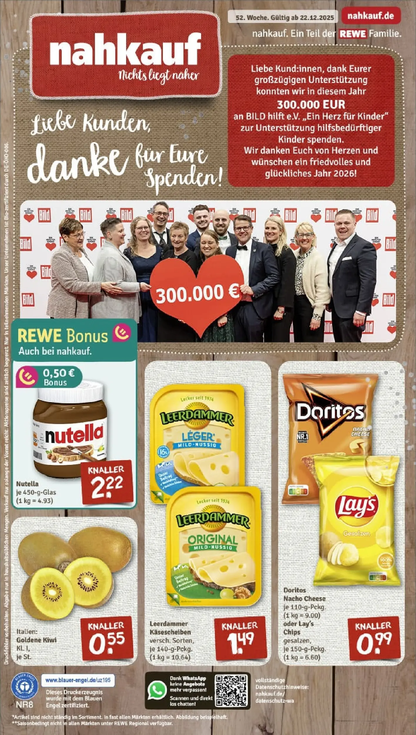 REWE Prospekt ab 22.12.2025 zum Blättern » Angebote | Seite: 1 | Produkte: Leerdammer, Nutella, Chips, Kiwi