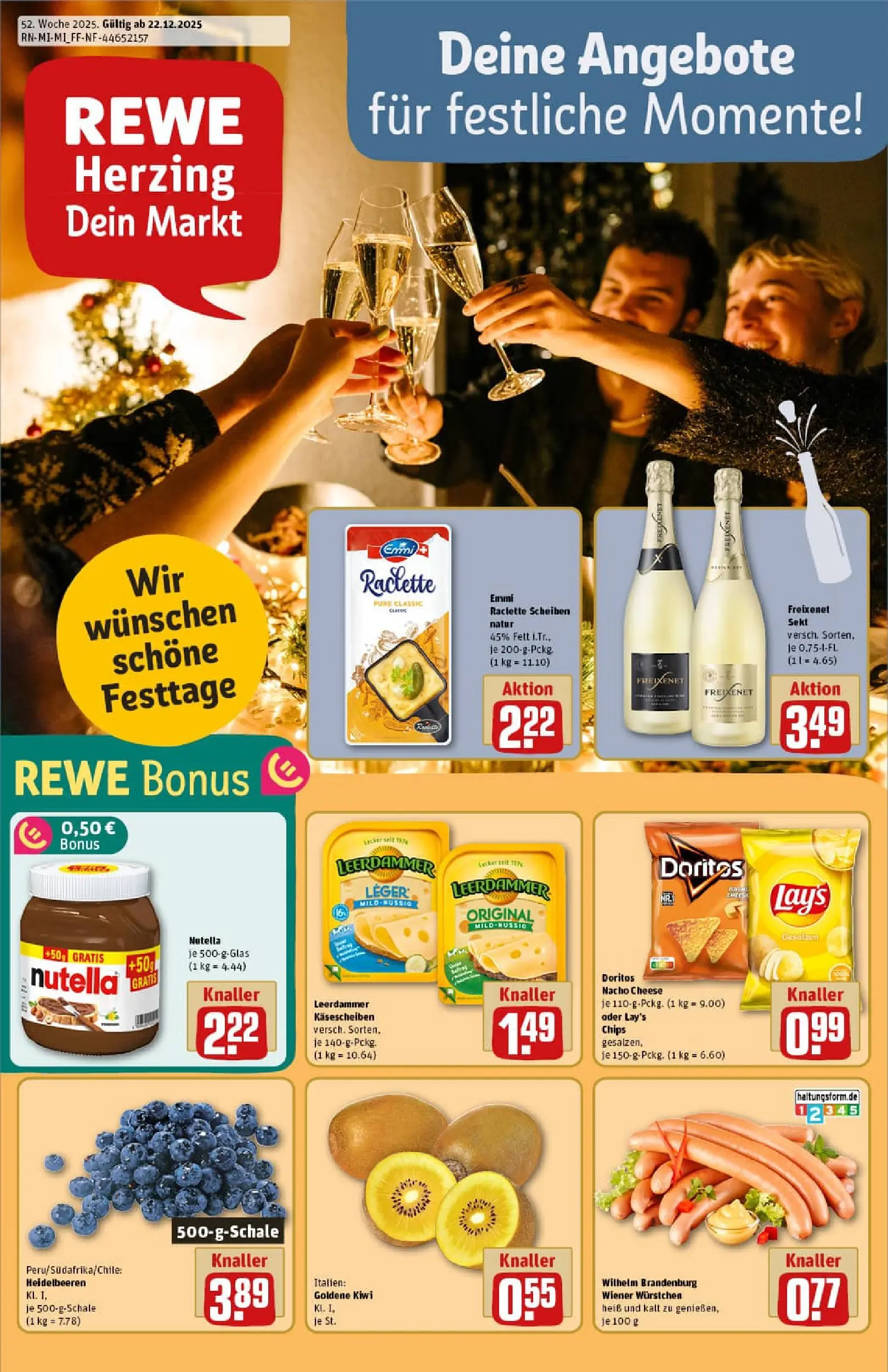 REWE Prospekt ab 22.12.2025 zum Blättern » Angebote | Seite: 1 | Produkte: Wiener wurstchen, Freixenet, Nutella, Raclette
