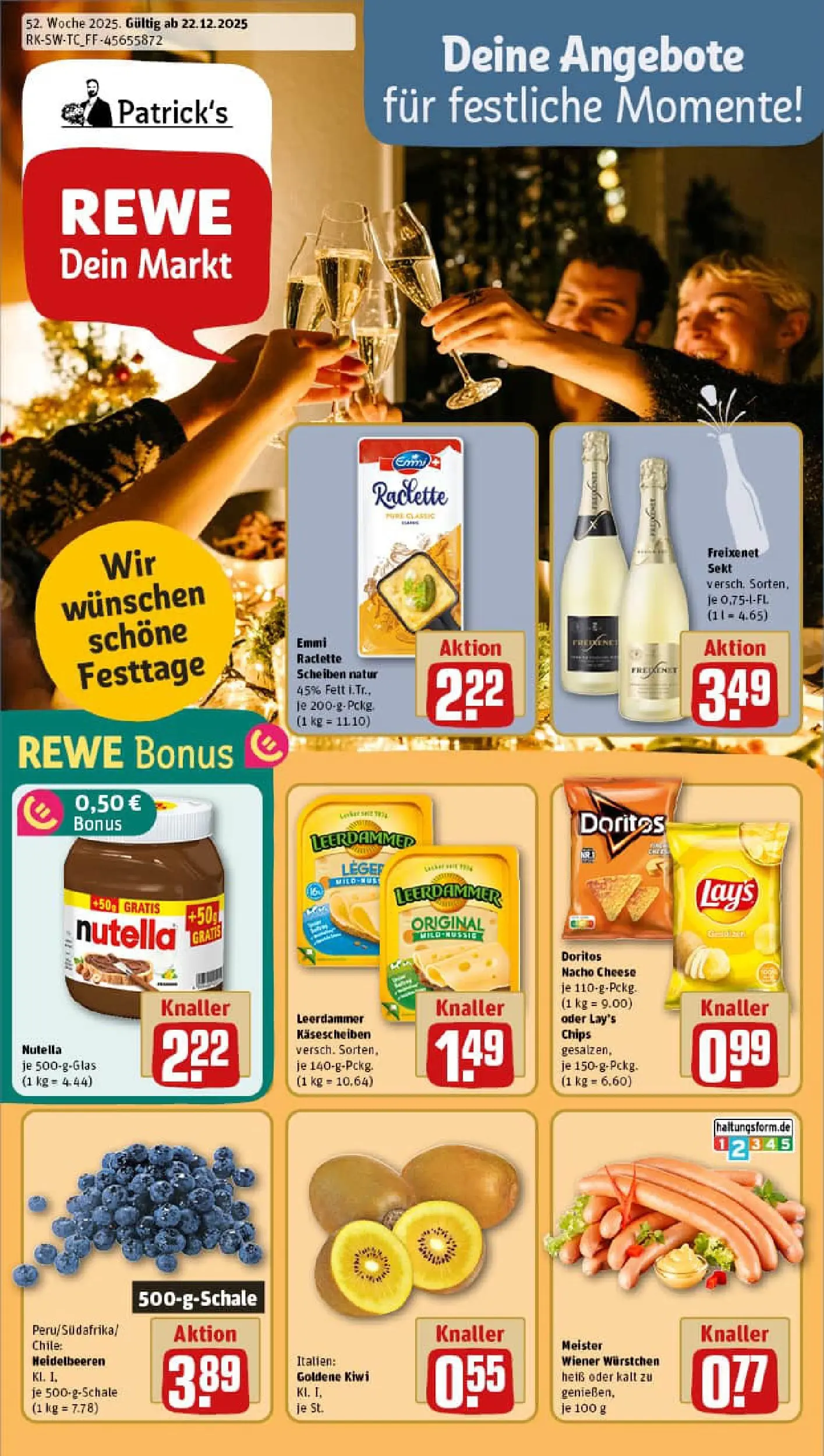 REWE Prospekt ab 22.12.2025 zum Blättern » Angebote | Seite: 1 | Produkte: Freixenet, Leerdammer, Chips, Kiwi