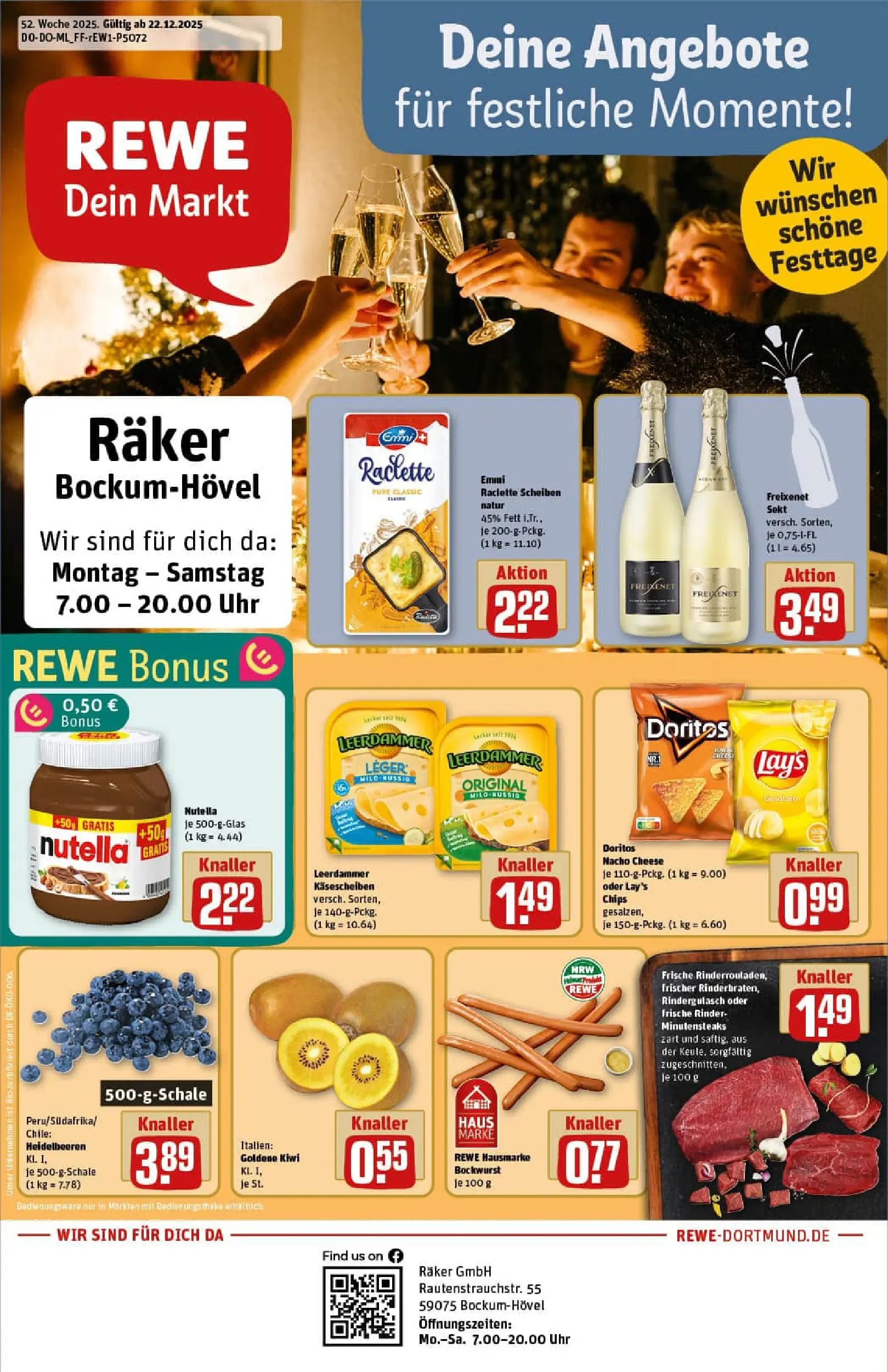 REWE Prospekt ab 22.12.2025 zum Blättern » Angebote | Seite: 1 | Produkte: Theke, Leerdammer, Heidelbeeren, Kiwi
