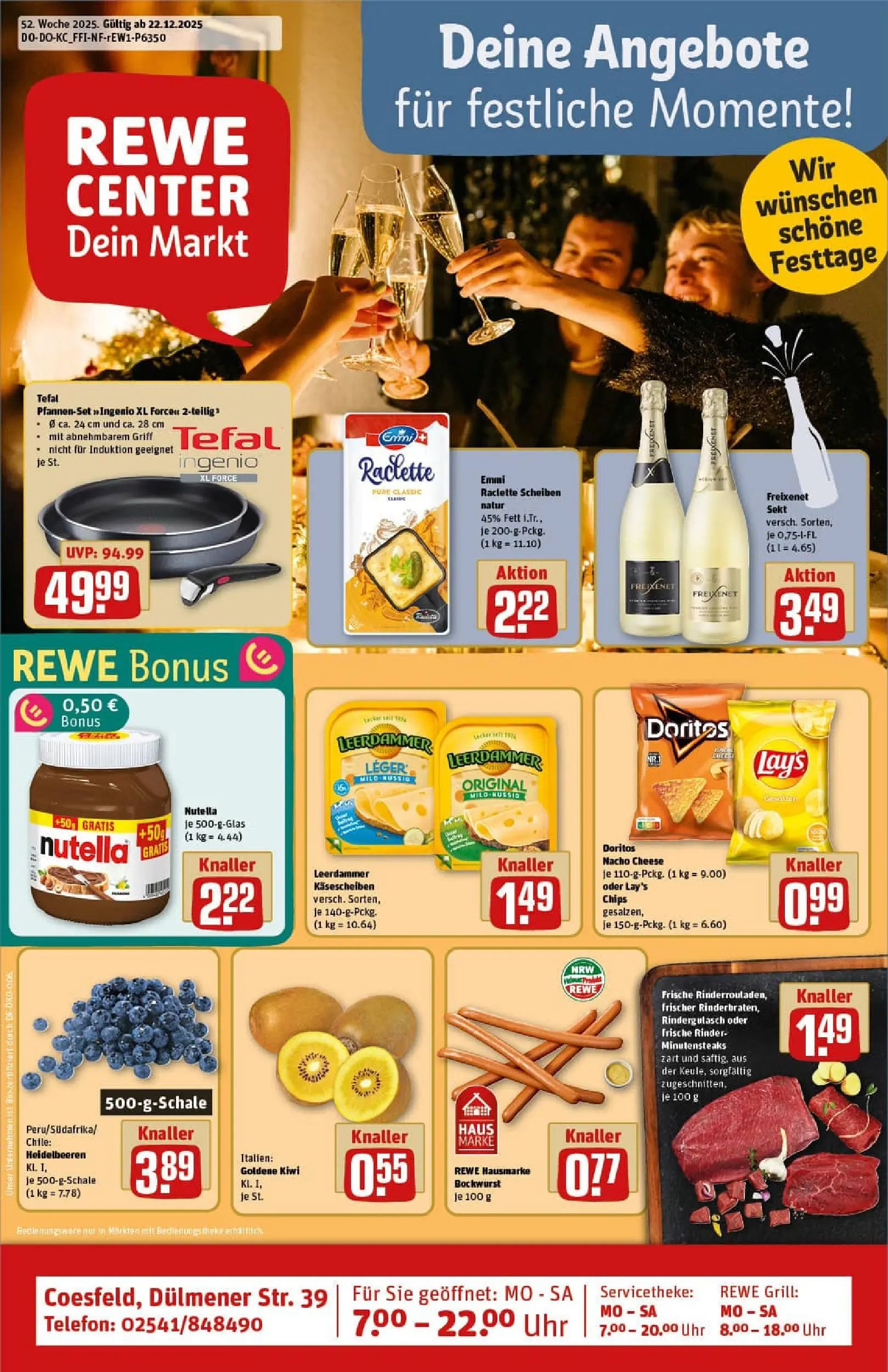REWE Prospekt ab 22.12.2025 zum Blättern » Angebote | Seite: 1 | Produkte: Bockwurst, Sekt, Leerdammer, Uhr
