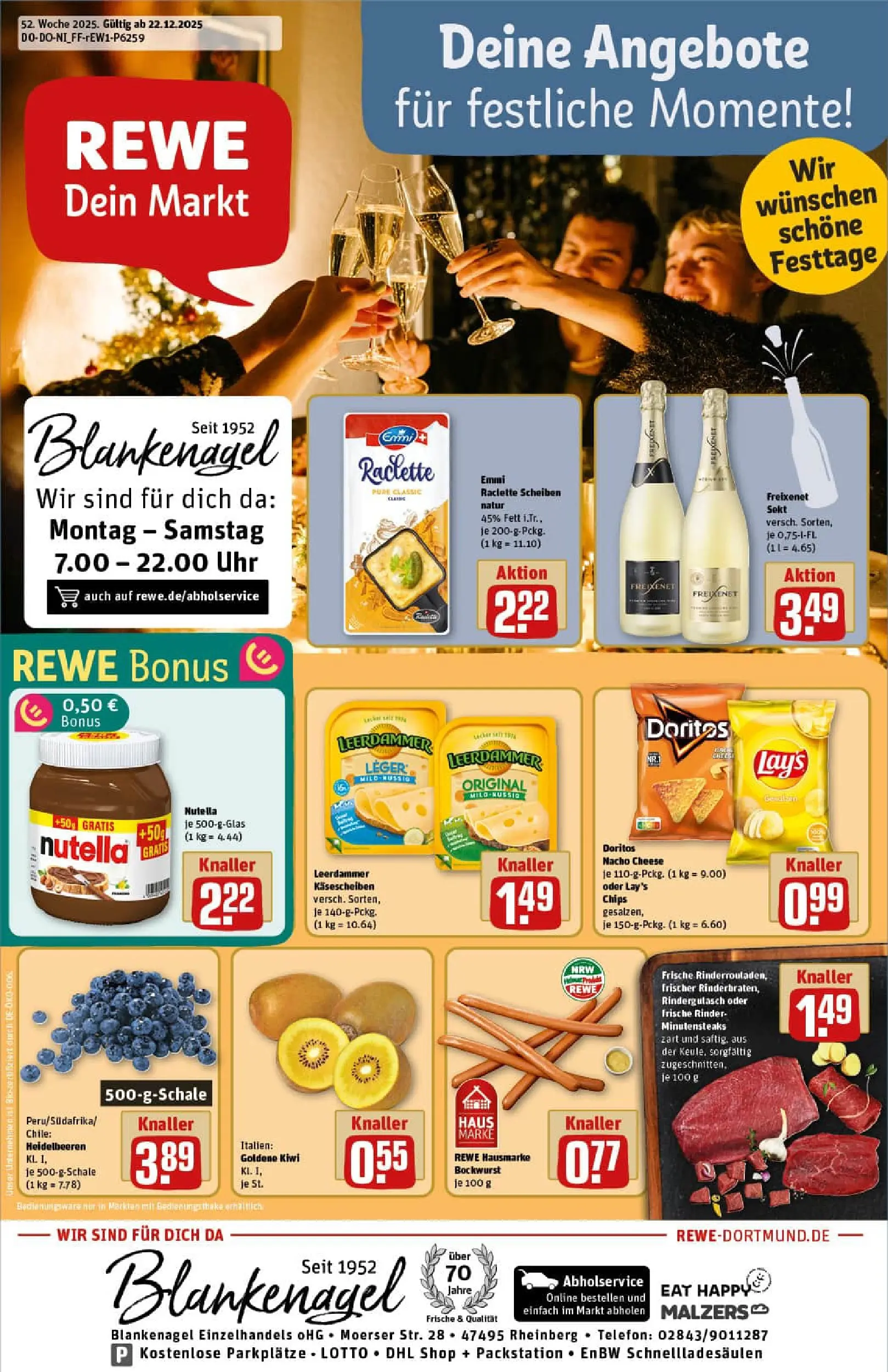 REWE Prospekt ab 22.12.2025 zum Blättern » Angebote | Seite: 1 | Produkte: Bockwurst, Freixenet, Leerdammer, Kiwi