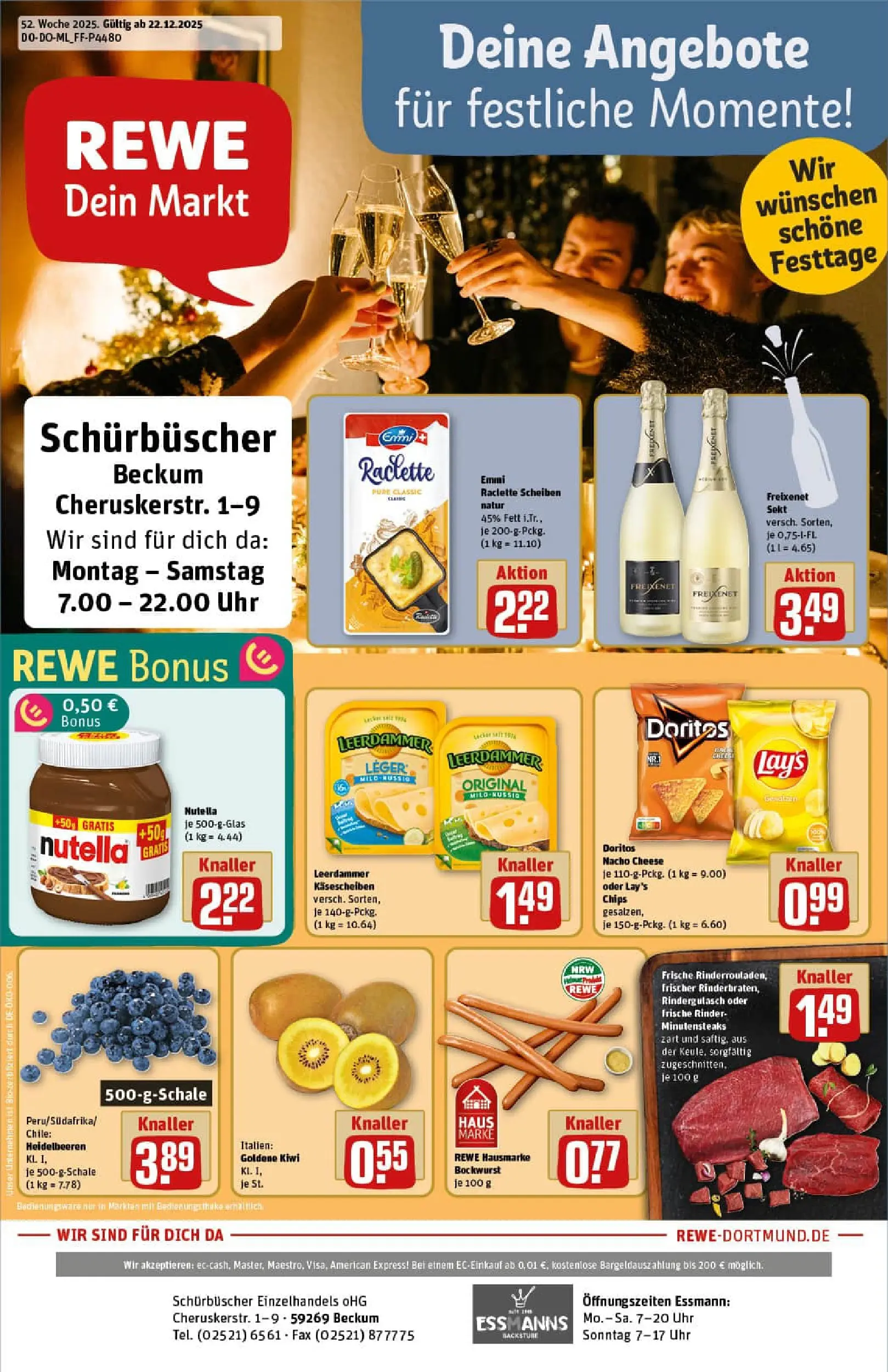 REWE Prospekt ab 22.12.2025 zum Blättern » Angebote | Seite: 1 | Produkte: Bockwurst, Rindergulasch, Chips, Kiwi