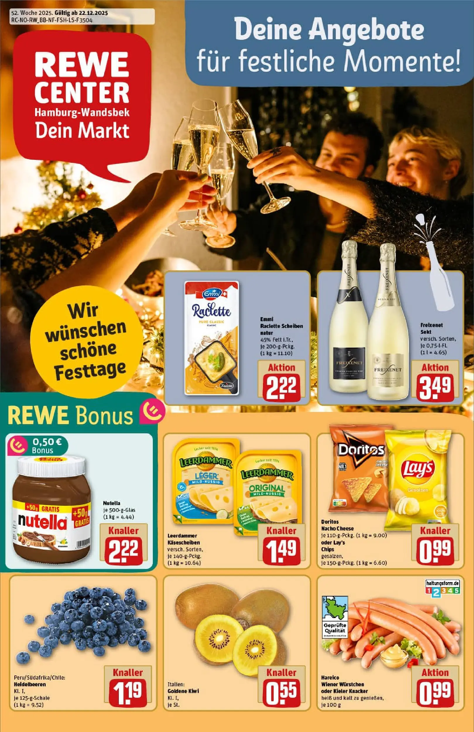 REWE Prospekt ab 22.12.2025 zum Blättern » Angebote | Seite: 1 | Produkte: Wiener wurstchen, Heidelbeeren, Raclette, Kiwi