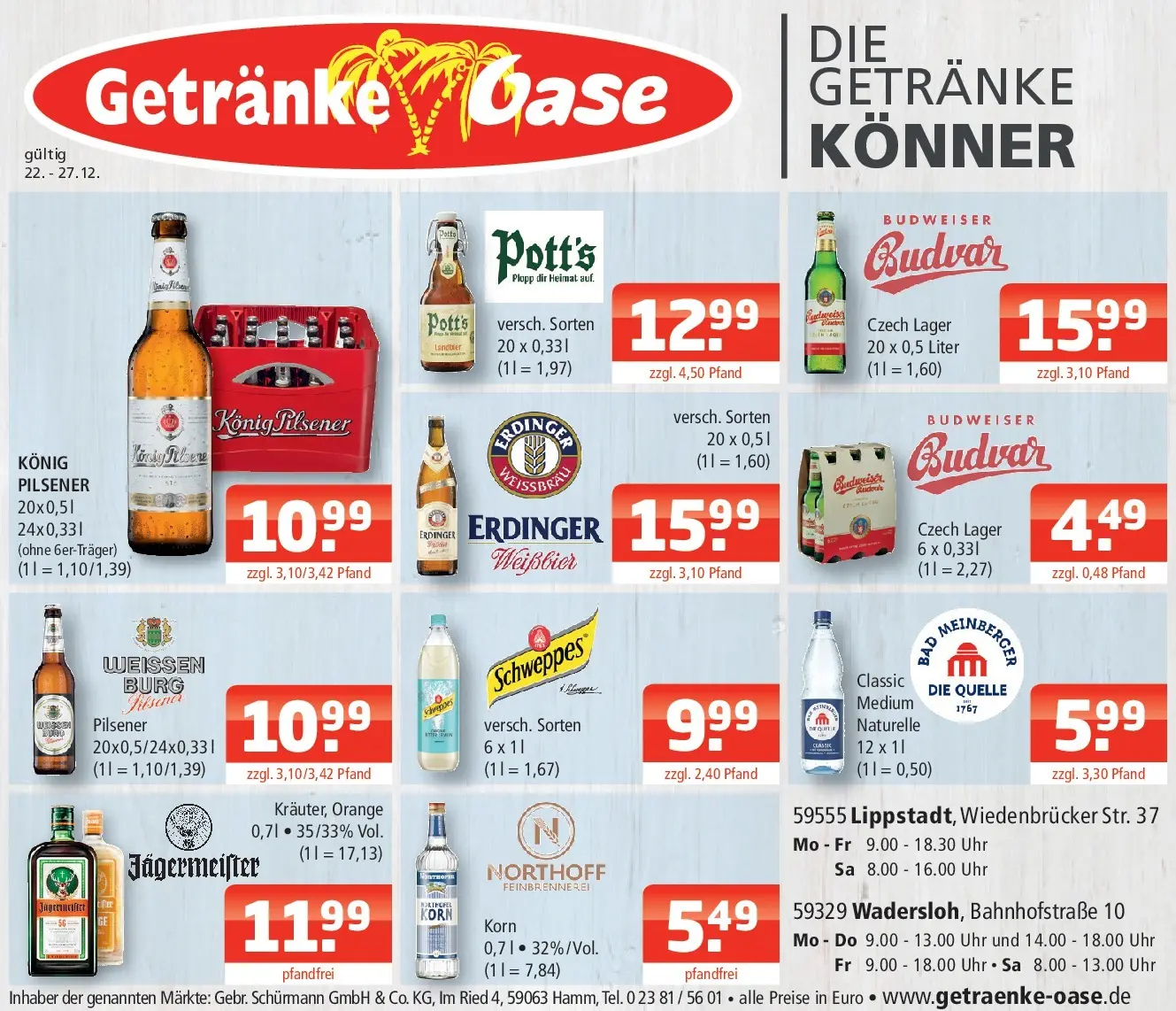 Entdecke - Getränke Oase: Getränkeangebote (ab 21.12.2025) zum Blättern | Seite: 1 | Produkte: Konig pilsener, Erdinger, Jägermeister, Uhr