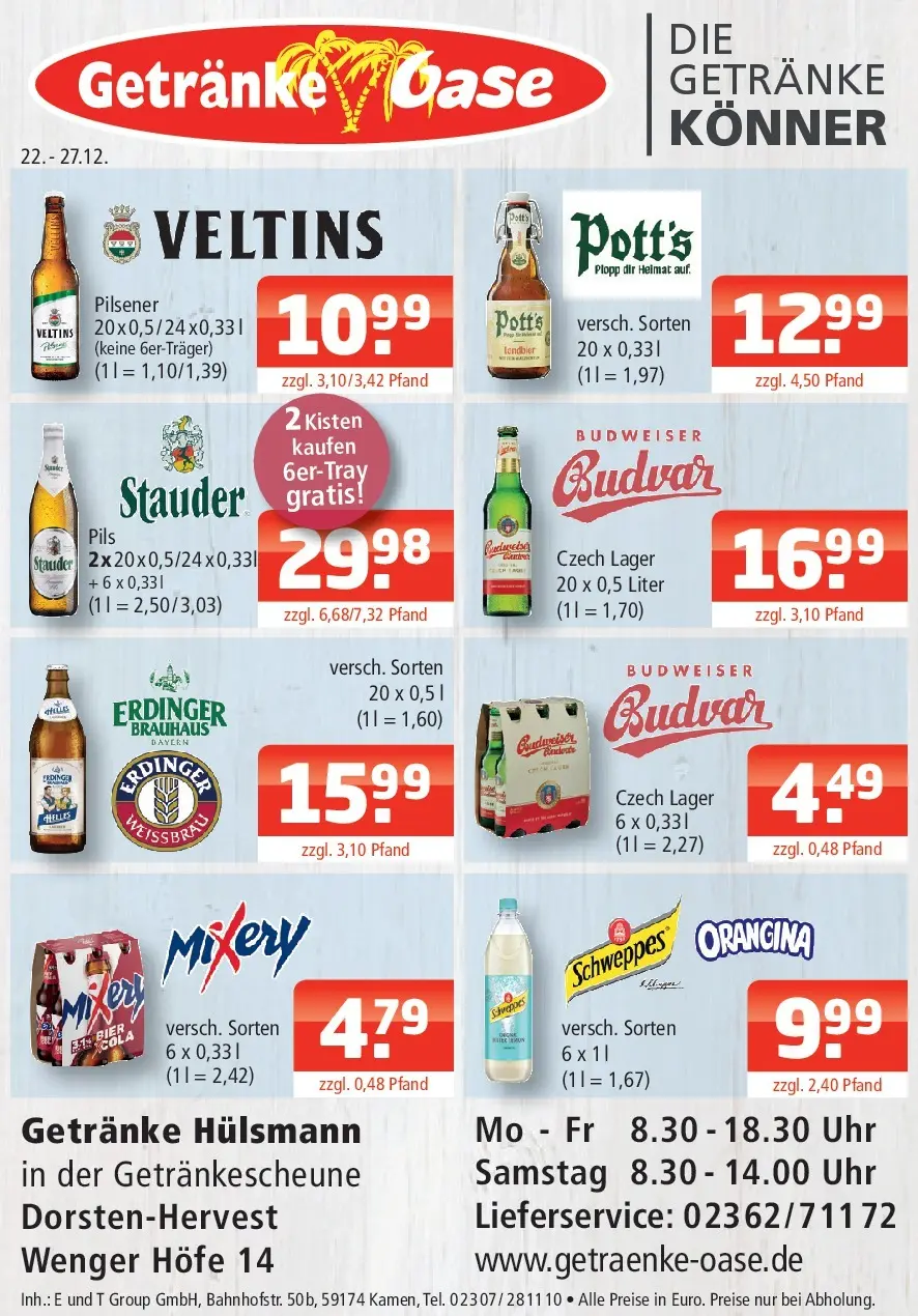 Entdecke - Getränke Oase: Getränkeangebote (ab 21.12.2025) zum Blättern | Seite: 1 | Produkte: Mixer, Pils, Budweiser, Veltins