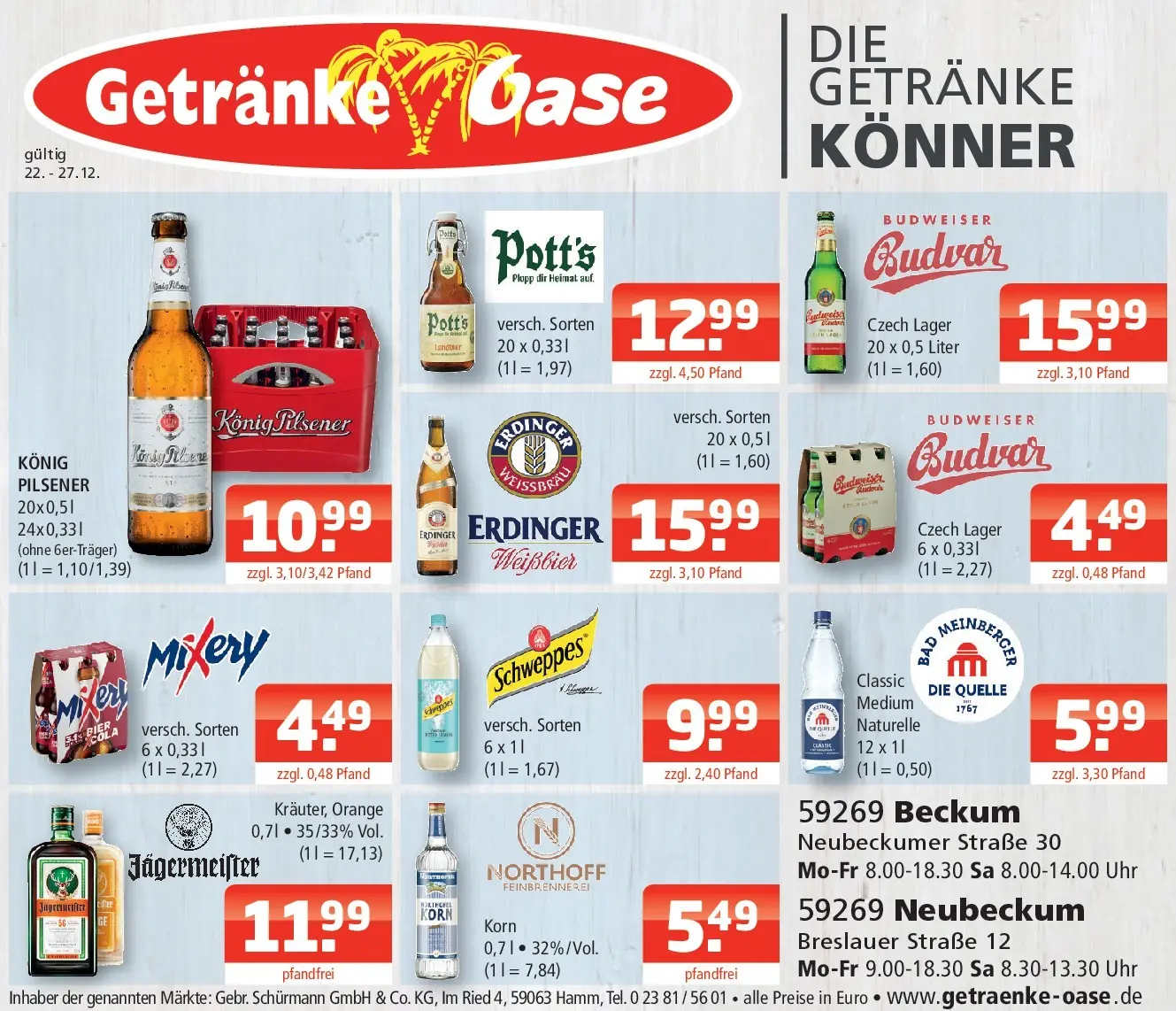 Entdecke - Getränke Oase: Getränkeangebote (ab 21.12.2025) zum Blättern | Seite: 1 | Produkte: Schweppes, Jägermeister, Budweiser, Uhr