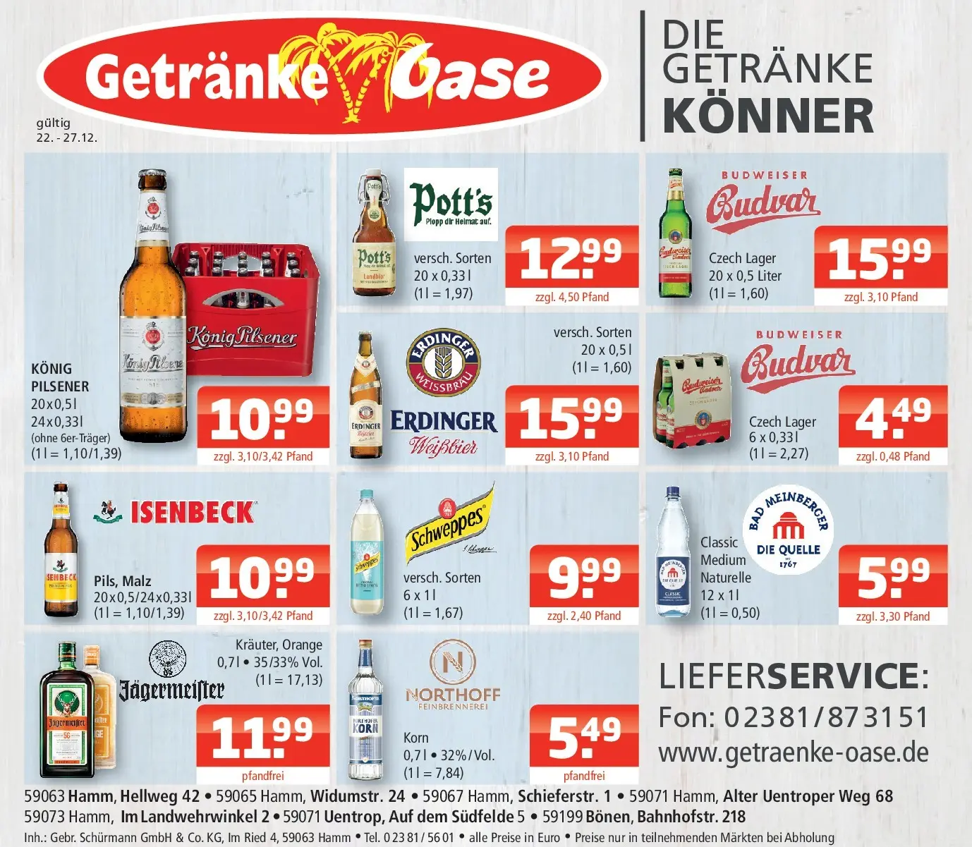 Entdecke - Getränke Oase: Getränkeangebote (ab 21.12.2025) zum Blättern | Seite: 1 | Produkte: Weißbier, Schweppes, Jägermeister, Budweiser