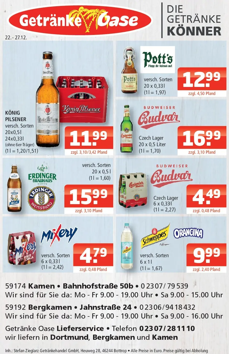 Entdecke - Getränke Oase: Getränkeangebote (ab 21.12.2025) zum Blättern | Seite: 1 | Produkte: Erdinger, Schweppes, Mixery, Uhr