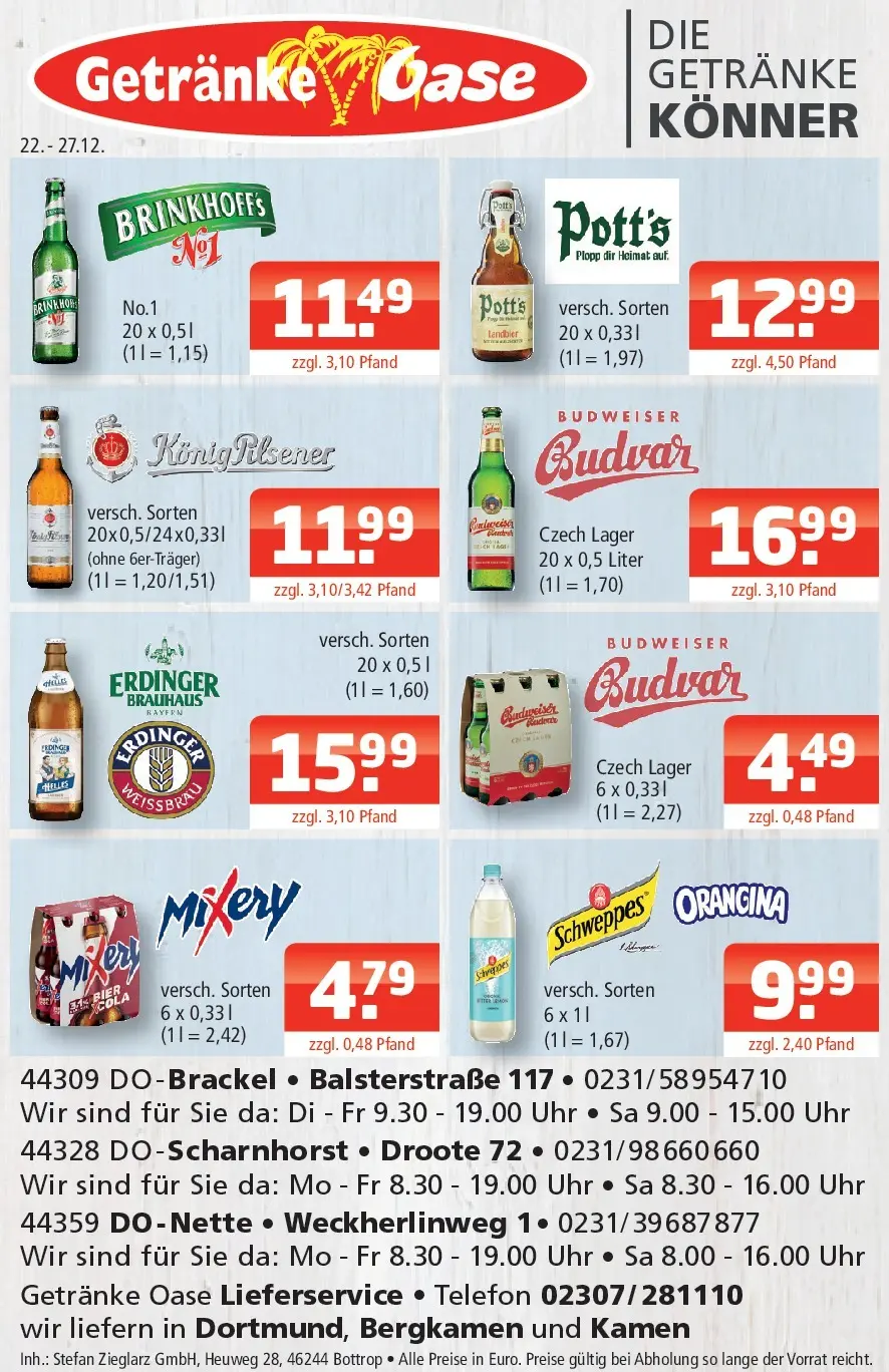 Entdecke - Getränke Oase: Getränkeangebote (ab 21.12.2025) zum Blättern | Seite: 1 | Produkte: Konig pilsener, Bier, Budweiser, Mixery