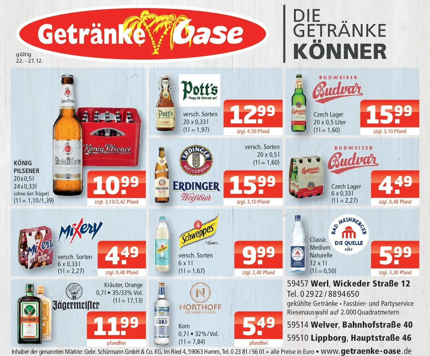Entdecke - Getränke Oase: Getränkeangebote (ab 21.12.2025) zum Blättern | Seite: 1 | Produkte: Cola, Weißbier, Jägermeister, Mixery