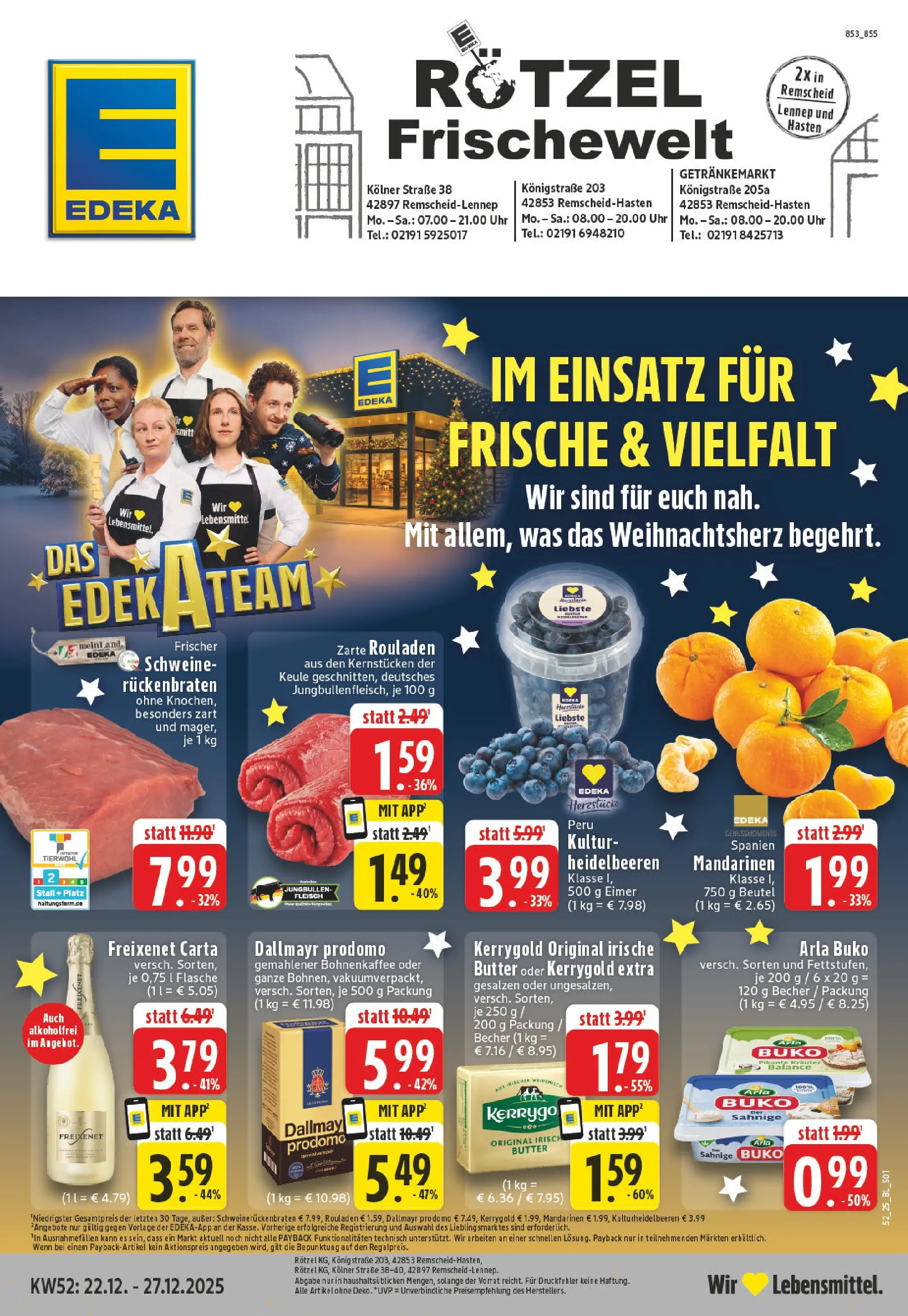Edeka prospekt Remscheid	 (ab 22.12.2025) » Angebote Online | Seite: 1 | Produkte: Heidelbeeren, Dallmayr, Fleisch, Uhr
