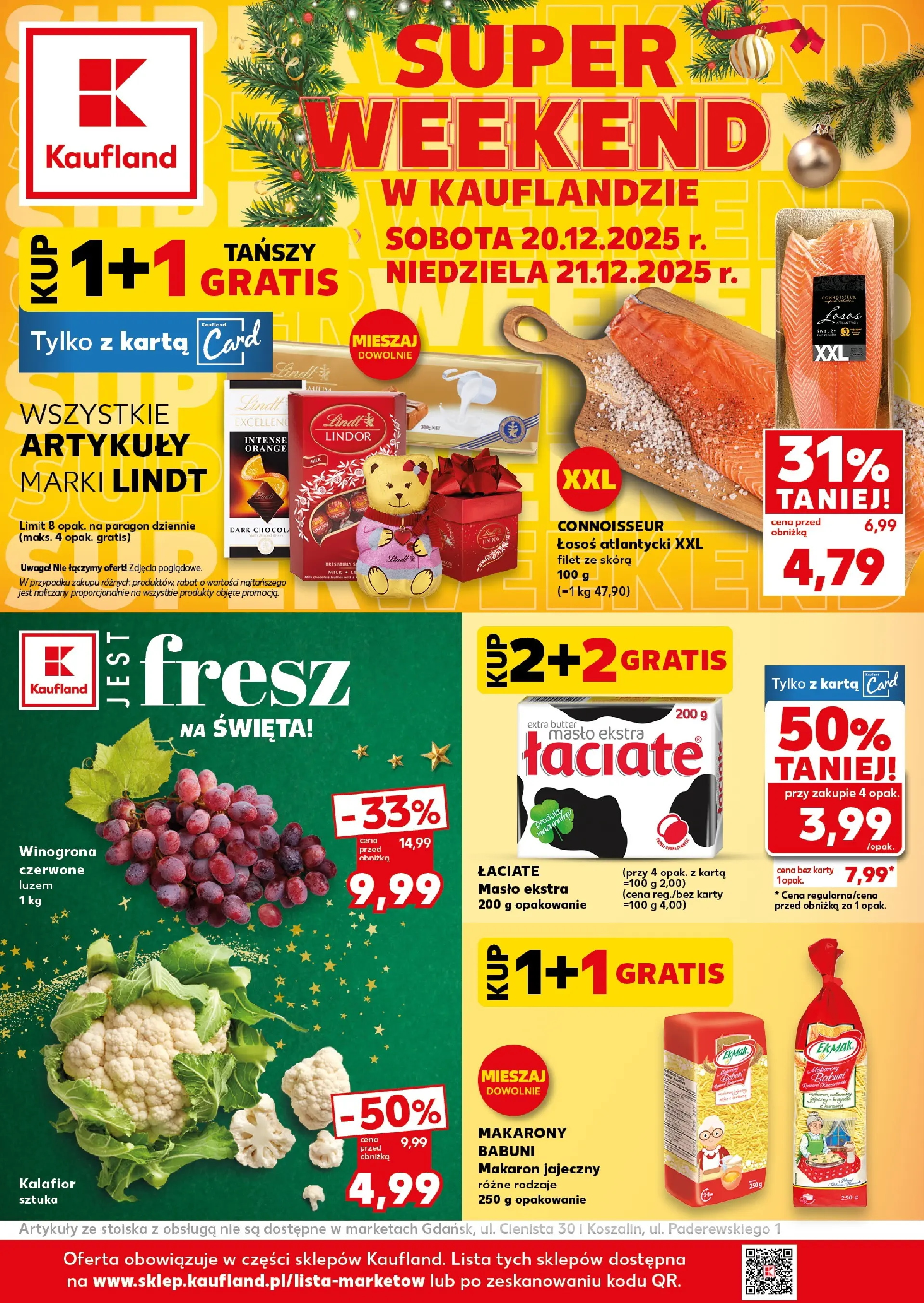 Kaufland gazetka od 20.12.2025 | Boże Narodzenie 🎄🎁 | Strona: 1 | Produkty: Karta, Kalafior, Masło, Makarony