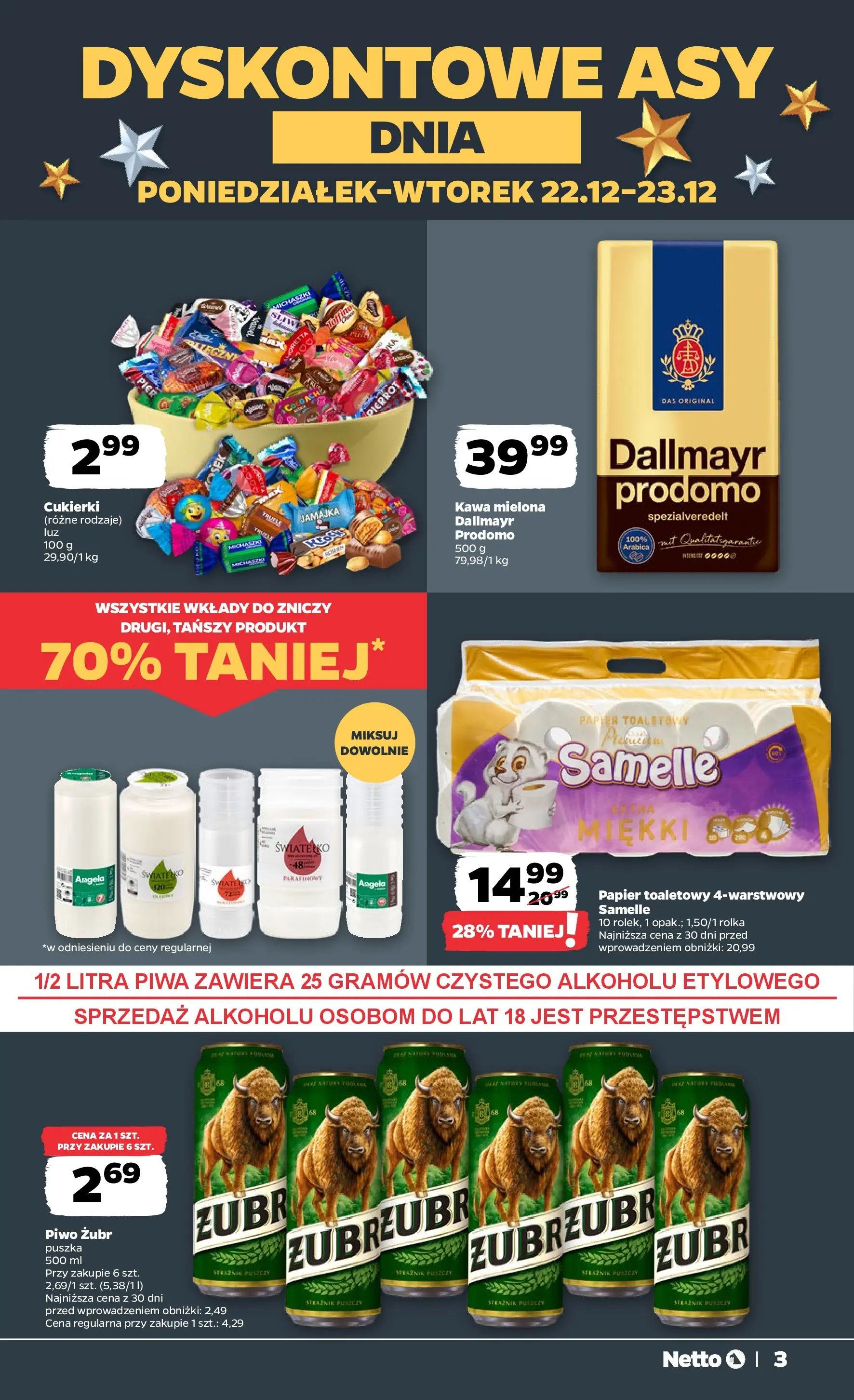 Netto - NETTO T52A ważne do 23.12 od 21.12.2025 - Aktualne promocje | Strona: 3 | Produkty: Wkłady do zniczy, Papier toaletowy, Kawa, Cukierki