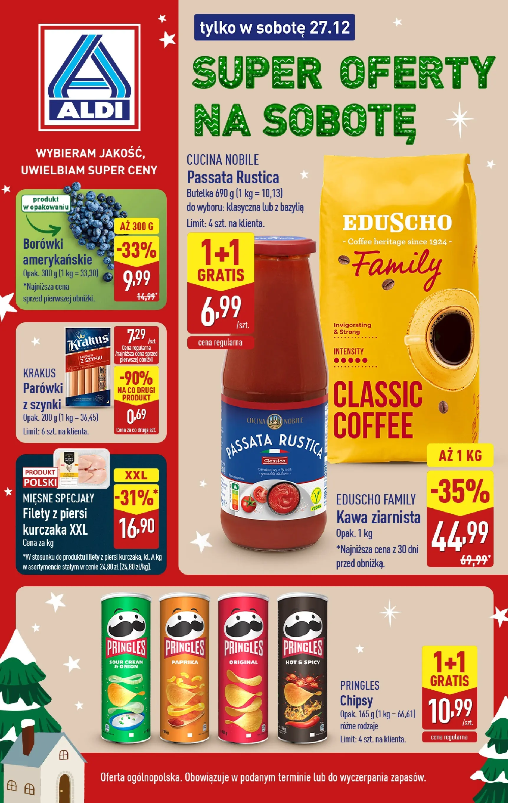 Aldi - Super sobota 27.12 w ALDI od 26.12.2025 - Ulotka PDF, promocje | Strona: 1 | Produkty: Kawa ziarnista, Parówki, Kawa, Pringles