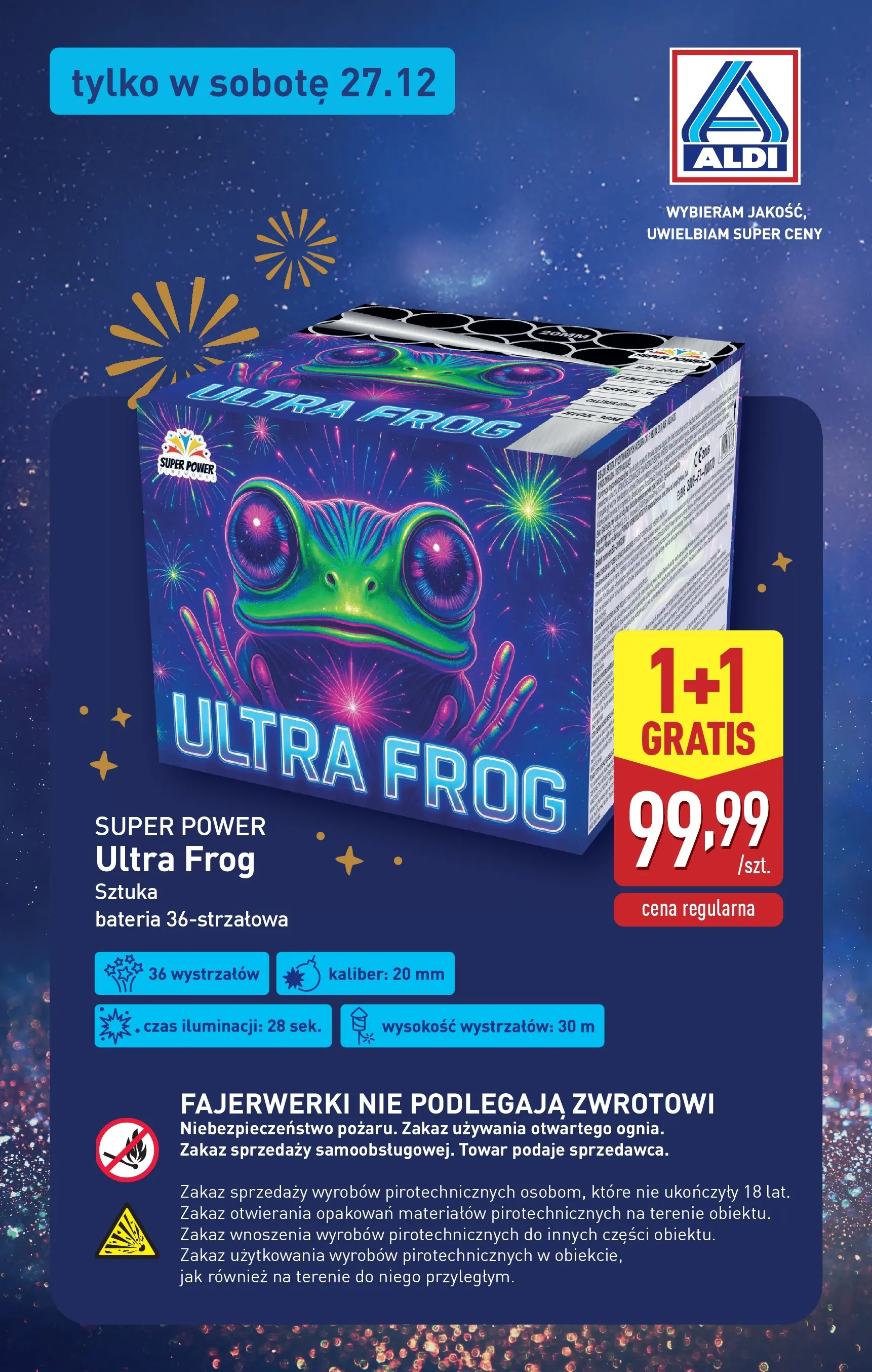 Aldi - Super Żaba w ALDI od 26.12.2025 - Ulotka PDF, promocje | Strona: 1 | Produkty: Fajerwerki, Bateria