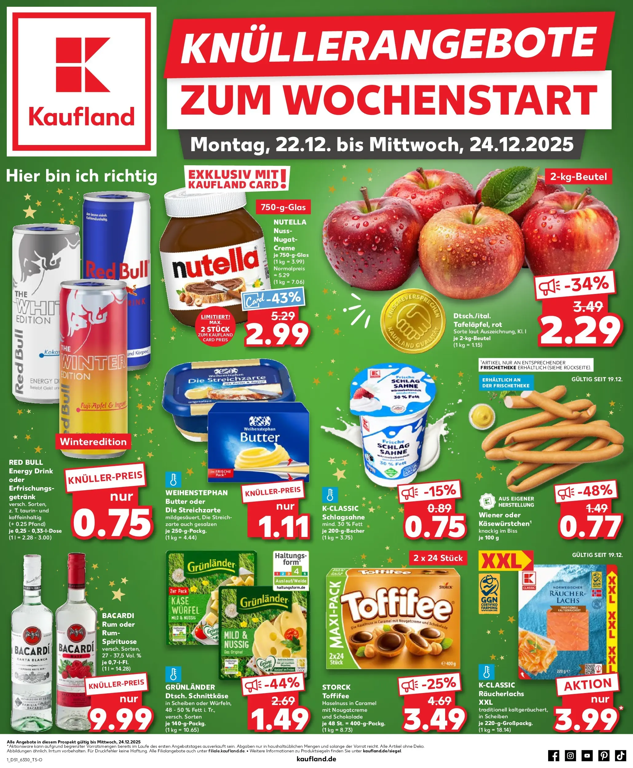 Prospekt Kaufland ab 22.12.2025 » Angebote Online zum Blättern | Seite: 1 | Produkte: Red bull, Rum, Nutella, Lachs